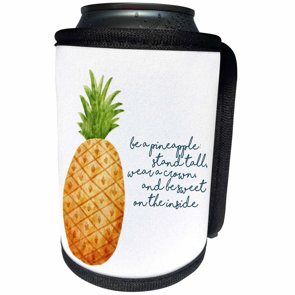 3dRose Noonday Design - Fruit - Watercolor pineapple with inspirational be a pineapple verse - Can Cooler Bottle Wrap (cc_281738)
