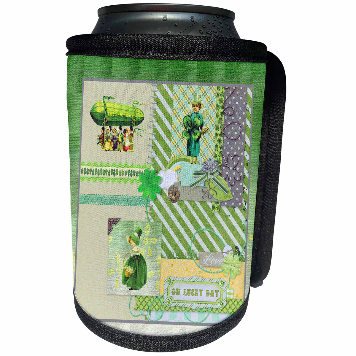 3dRose Beverly Turner St Patrick Day Design - Vintage Shamrock Blimp and People, Shamrock, Basket, Oh Lucky Day - Can Cooler Bottle Wrap (cc_282042)