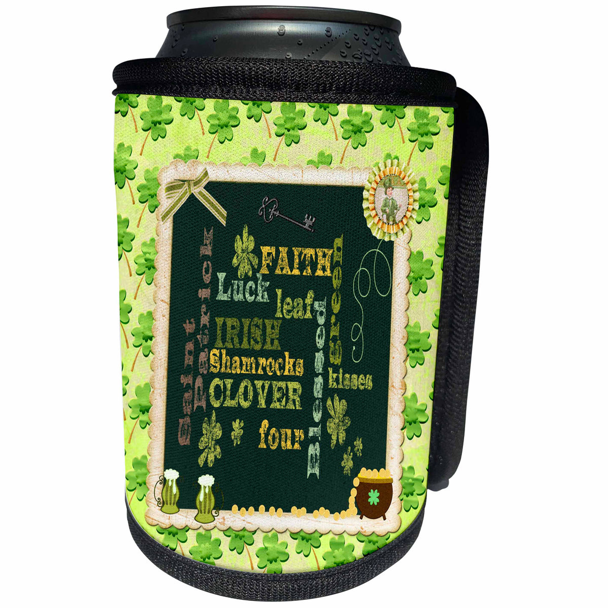 3dRose Beverly Turner St Patrick Day Design - Words, Faith, Luck, Blessed, Leaf, Irish, Shamrock, Saint Patrick - Can Cooler Bottle Wrap (cc_282043)