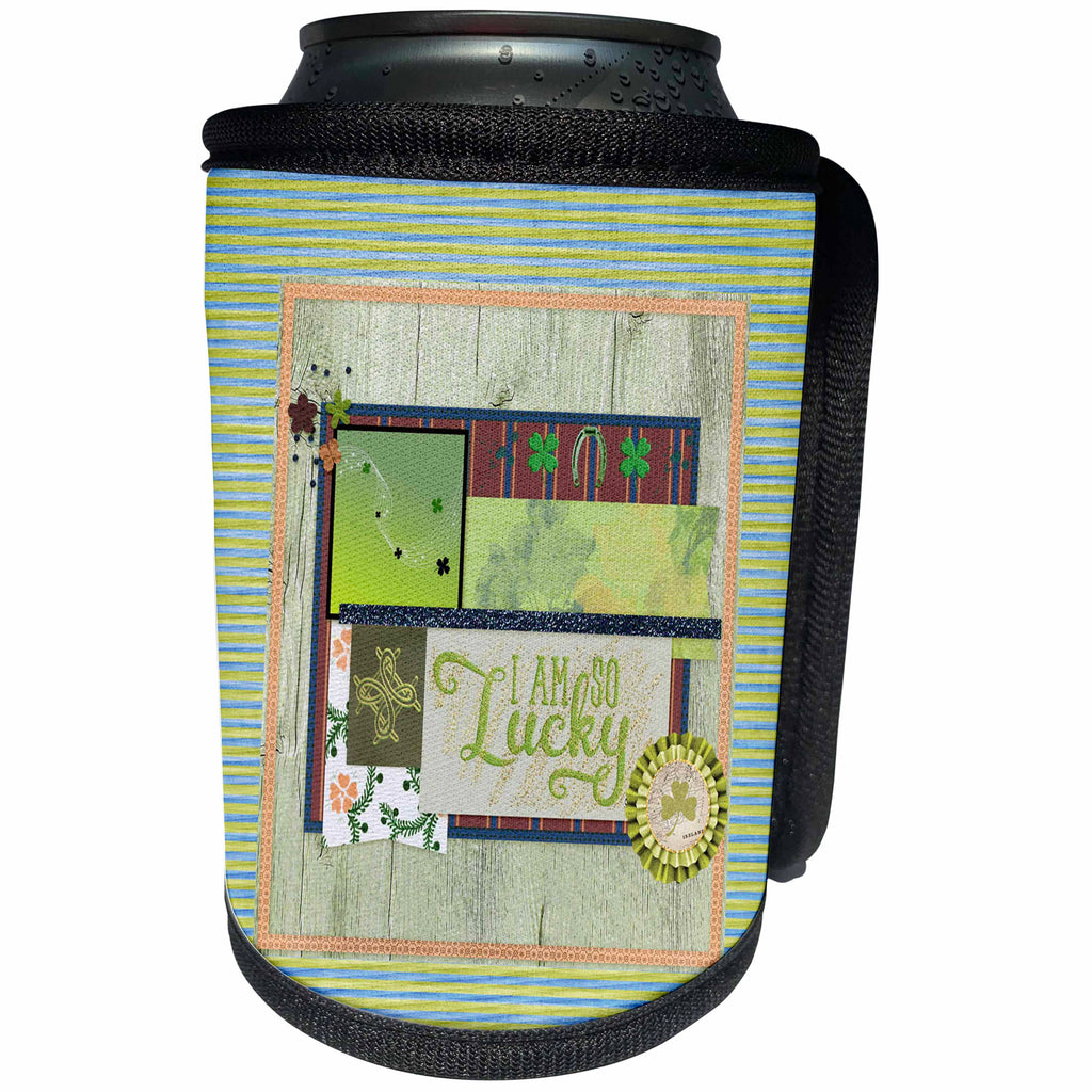 3dRose Beverly Turner St Patrick Day Design - I am so lucky, Shamrock, Horseshoe, Flowers, Celtic Symbol, Green - Can Cooler Bottle Wrap (cc_282044)