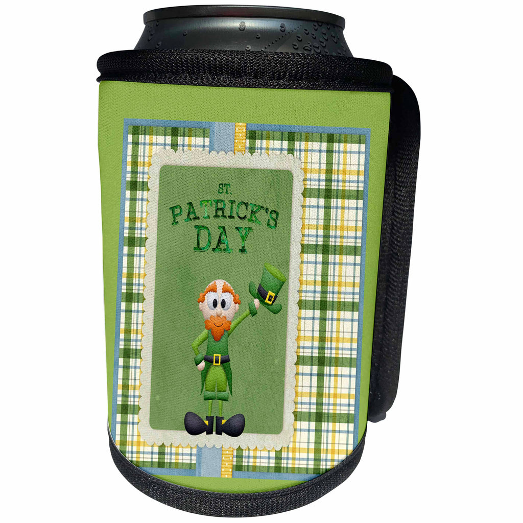 3dRose Beverly Turner St Patrick Day Design - Red Headed Leprechaun Taking His Hat Off, Plaid Frame, Green, Yellow - Can Cooler Bottle Wrap (cc_282045)