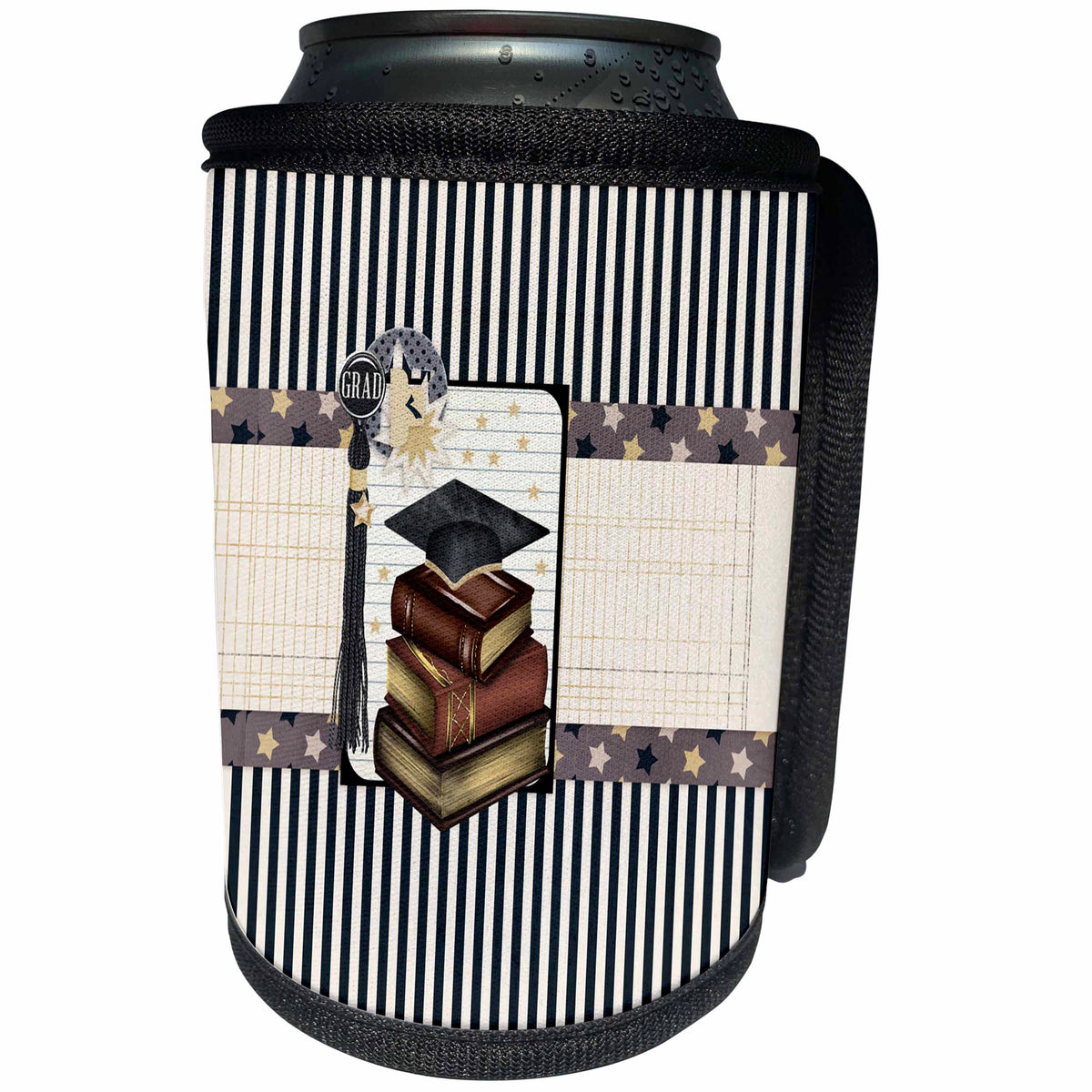 3dRose Beverly Turner Graduation Design - Graduation Cap on Books, Tassel on Stars, Stripes, Black, Gold, Brown - Can Cooler Bottle Wrap (cc_282048)