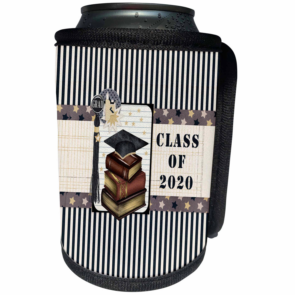 3dRose Beverly Turner Graduation Design - Graduation Cap on Books, Tassel on Stars, Stripes, Class of 2020, Gold - Can Cooler Bottle Wrap (cc_282051)