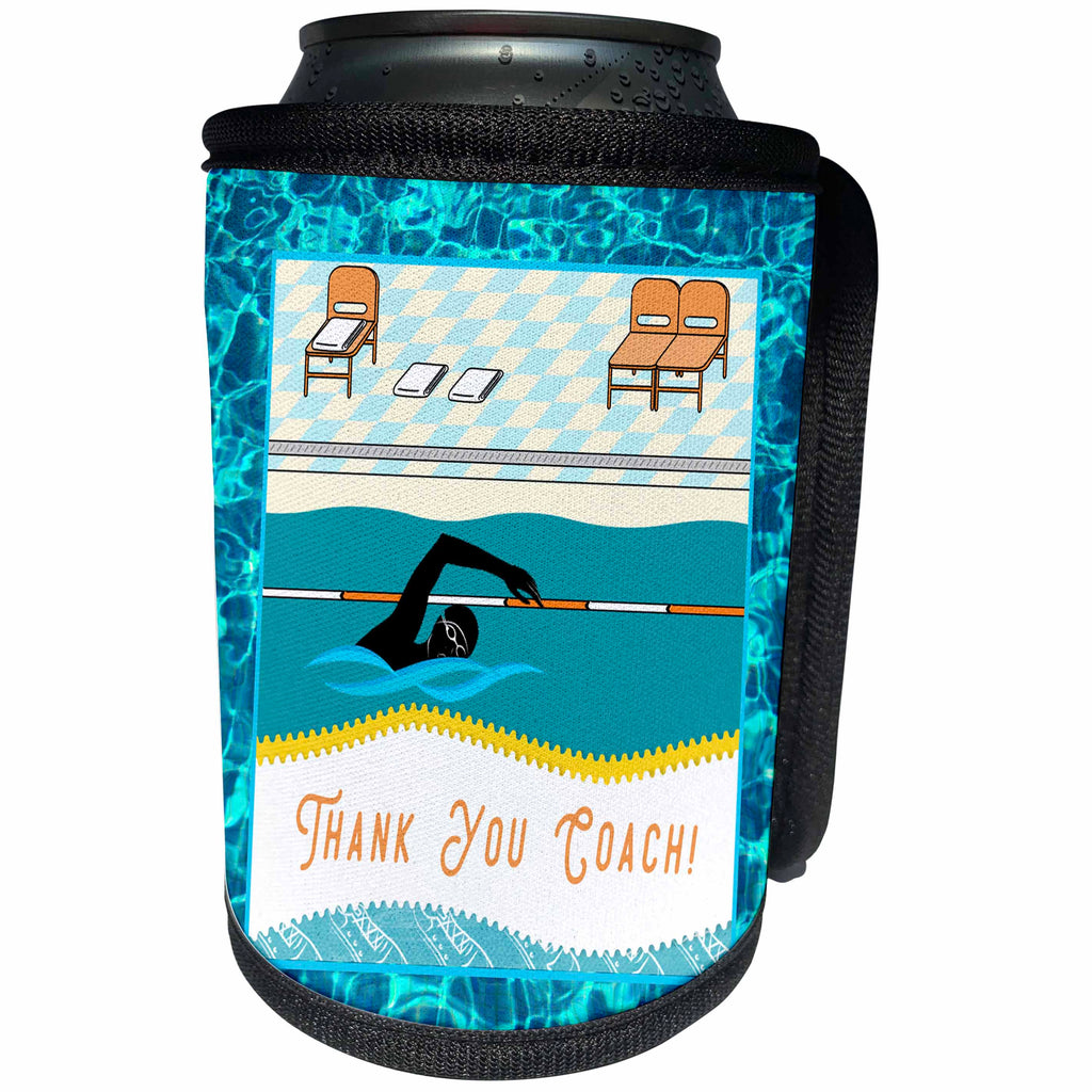 3dRose Beverly Turner Sports Design - Thank you Coach, Swimmer in Pool at Swim Team Meet, Sits, Score, Books - Can Cooler Bottle Wrap (cc_282052)