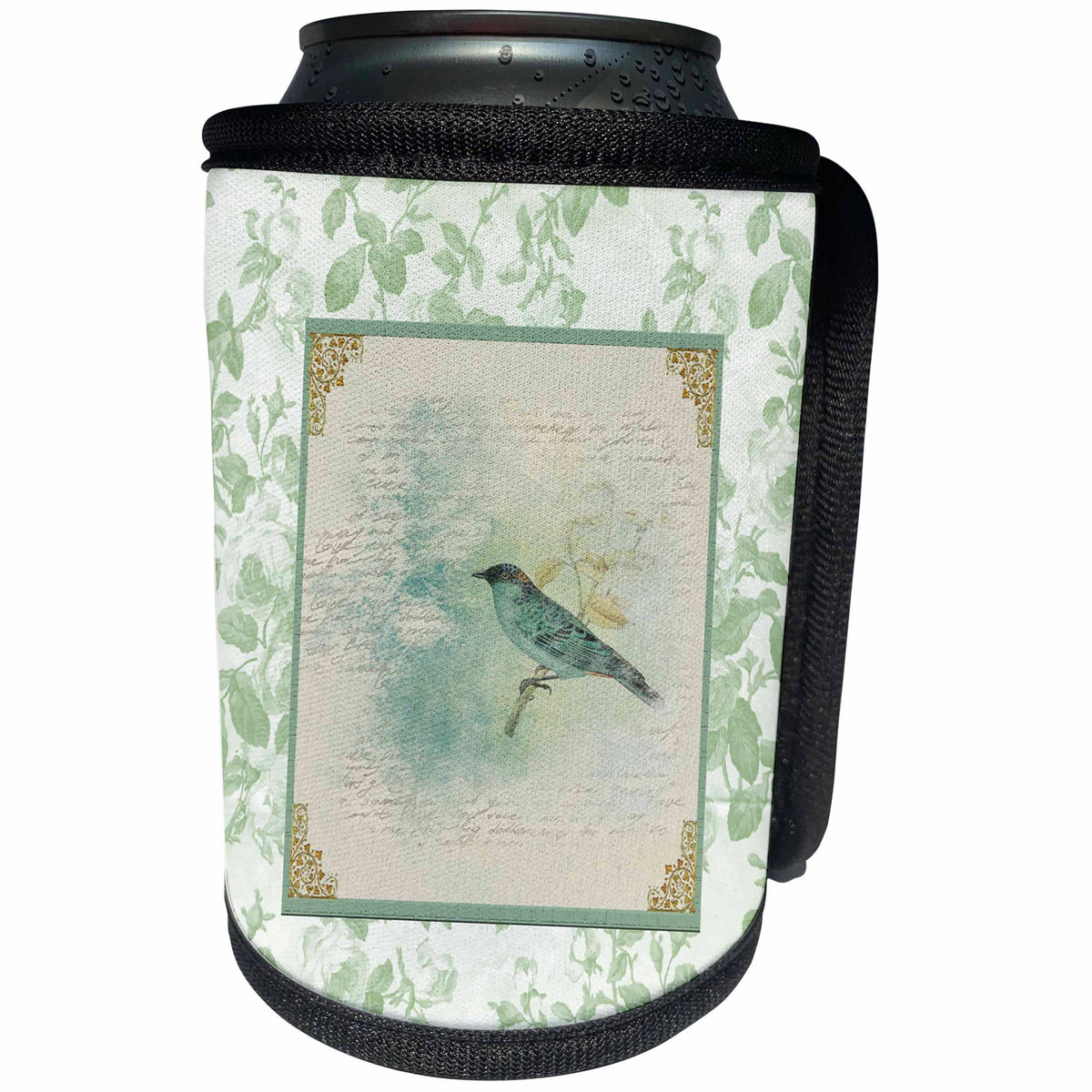 3dRose Beverly Turner Bird Design - Green and Brown Bird on Branch in Frame of Design Corners and Leaves - Can Cooler Bottle Wrap (cc_282061)