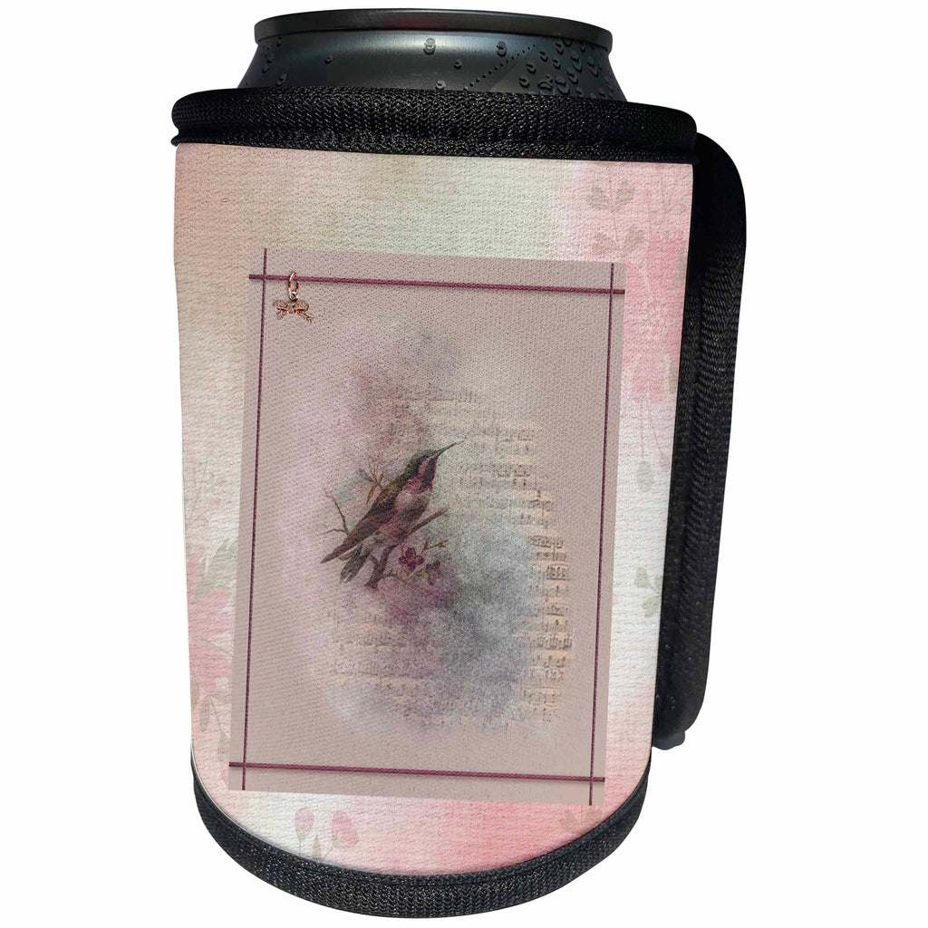 3dRose Beverly Turner Bird Design - Song Bird, Music Notes, Jewel Bow, Frame, Mauve, Blue and Brown - Can Cooler Bottle Wrap (cc_282062)