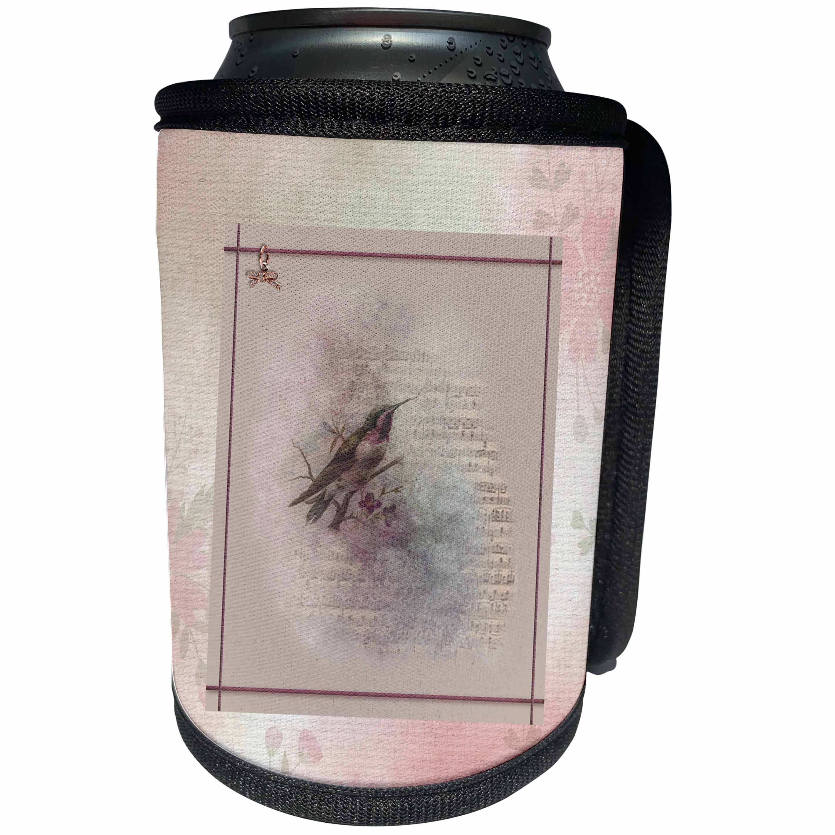 3dRose Beverly Turner Bird Design - Song Bird, Music Notes, Jewel Bow, Frame, Mauve, Blue and Brown - Can Cooler Bottle Wrap (cc_282062)