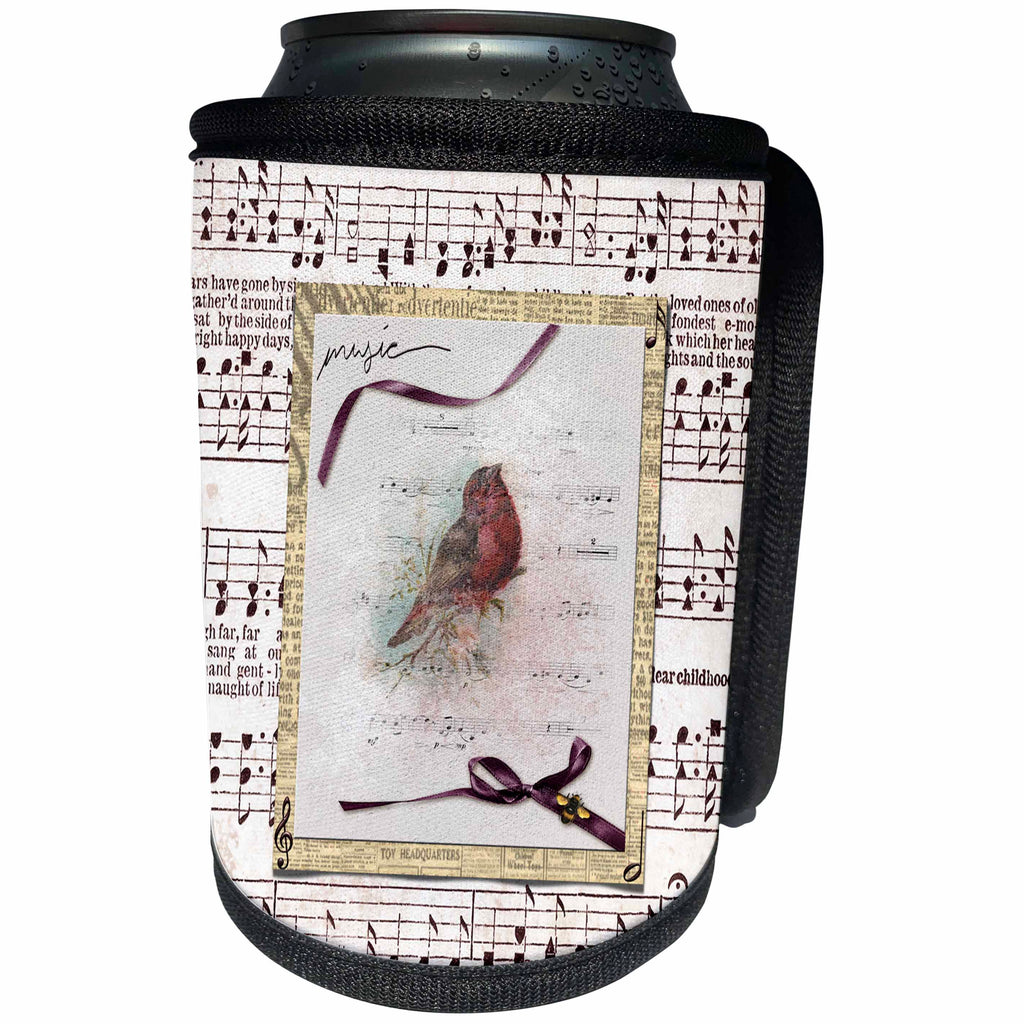 3dRose Beverly Turner Bird Design - Song Bird on Branch, Music Notes, Ribbon, Bow, Bee, Frame, Mauve, Gold - Can Cooler Bottle Wrap (cc_282065)