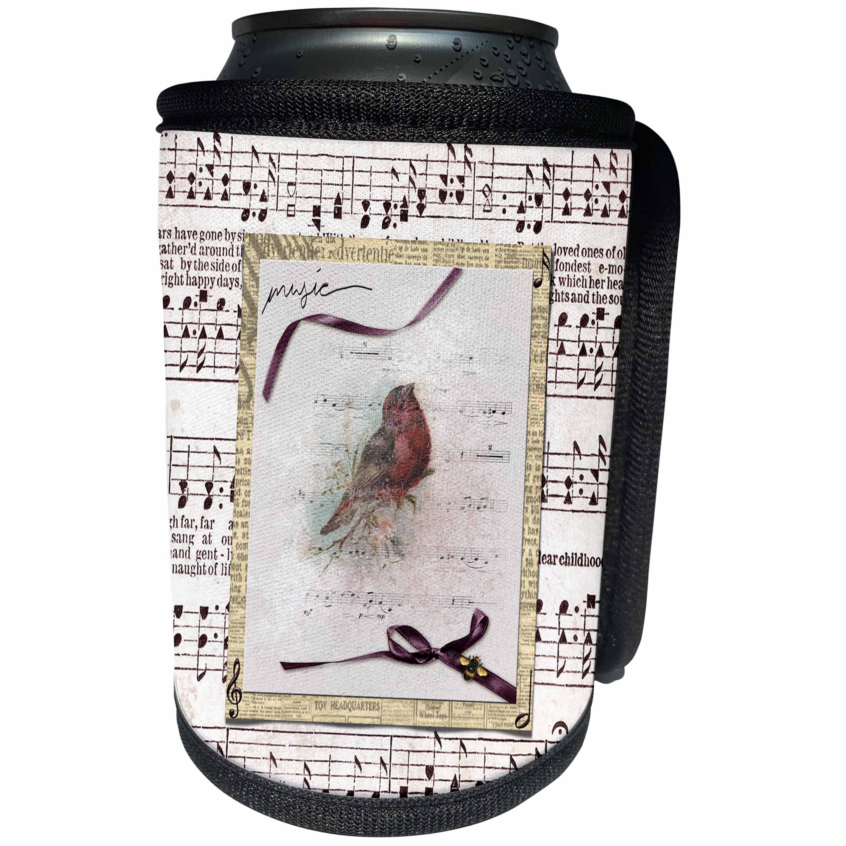 3dRose Beverly Turner Bird Design - Song Bird on Branch, Music Notes, Ribbon, Bow, Bee, Frame, Mauve, Gold - Can Cooler Bottle Wrap (cc_282065)