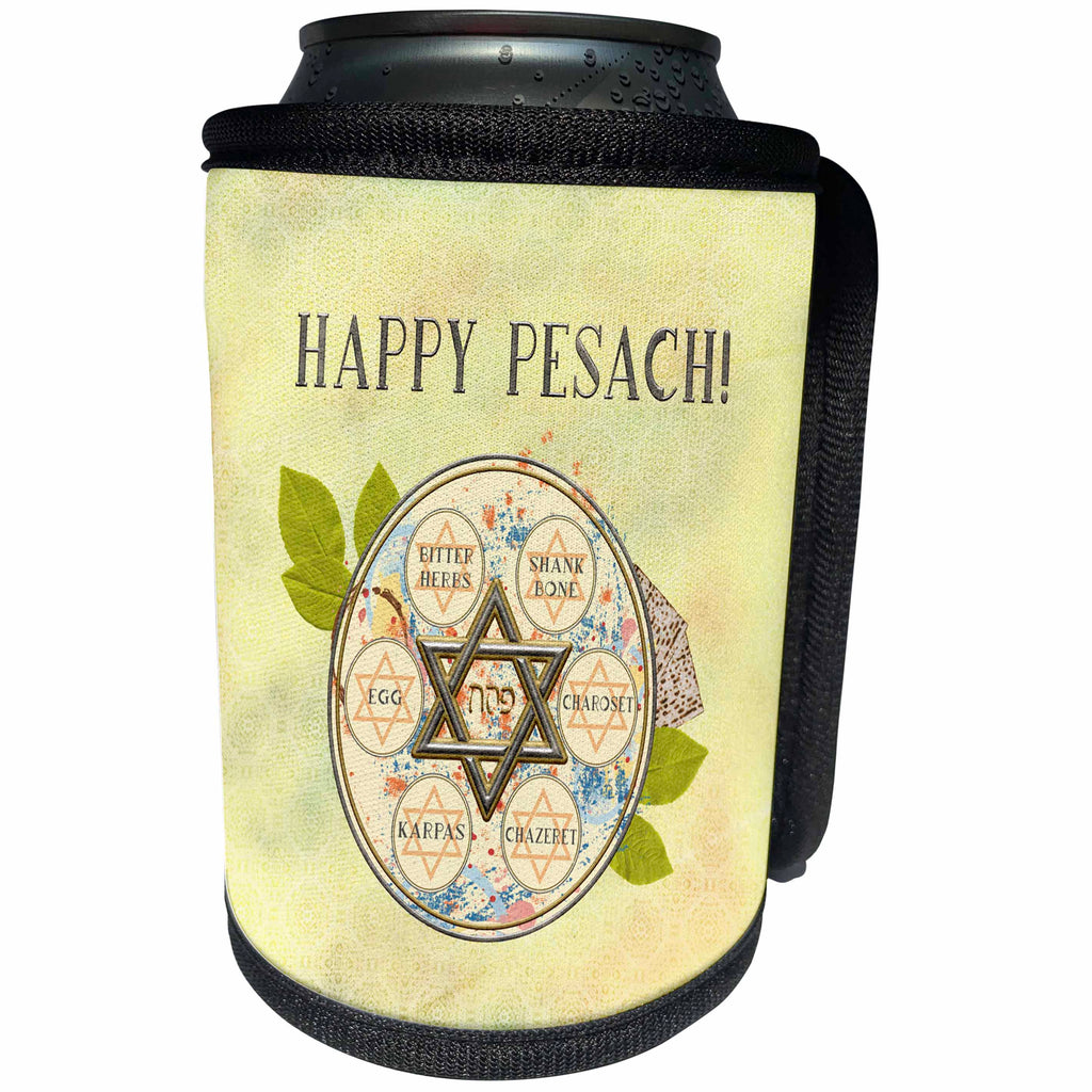 3dRose Beverly Turner Passover Design - Happy Pesach, Star of David, Seder Plate, Herbs, Egg, Shank Bone - Can Cooler Bottle Wrap (cc_282066)