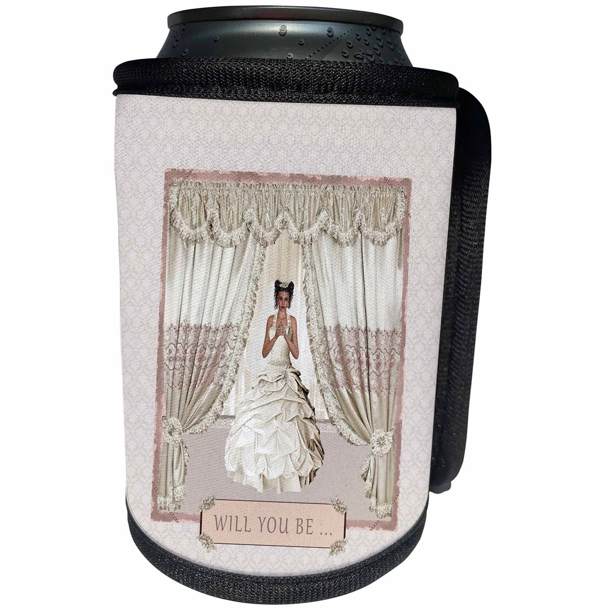 3dRose Beverly Turner Wedding Bridal Party Design - Bride in Wedding Gown, Drapes in Window, Will you be, Cream and Rose - Can Cooler Bottle Wrap (cc_282067)