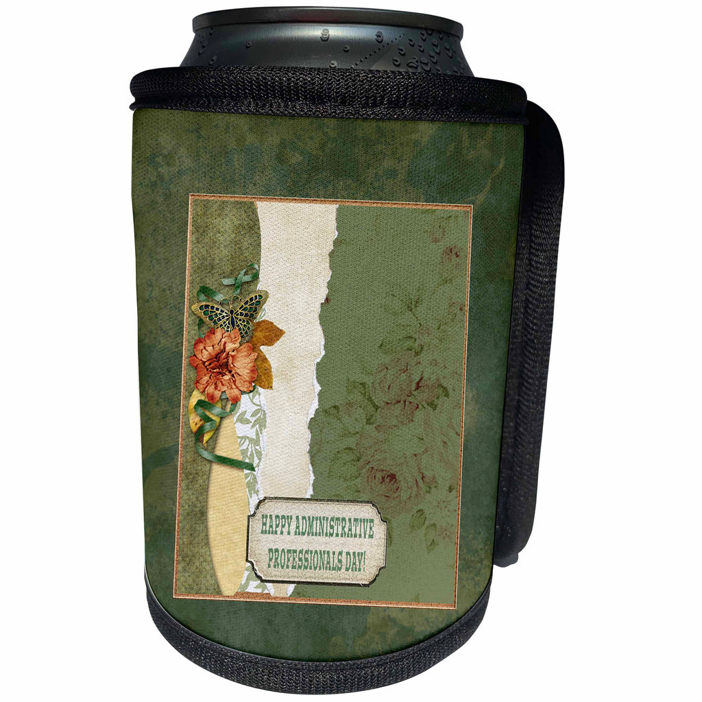 3dRose Beverly Turner Administrative Professionals Day - Administrative Professional Day, Flower, Butterfly, Roses, Torn Paper - Can Cooler Bottle Wrap (cc_282074)