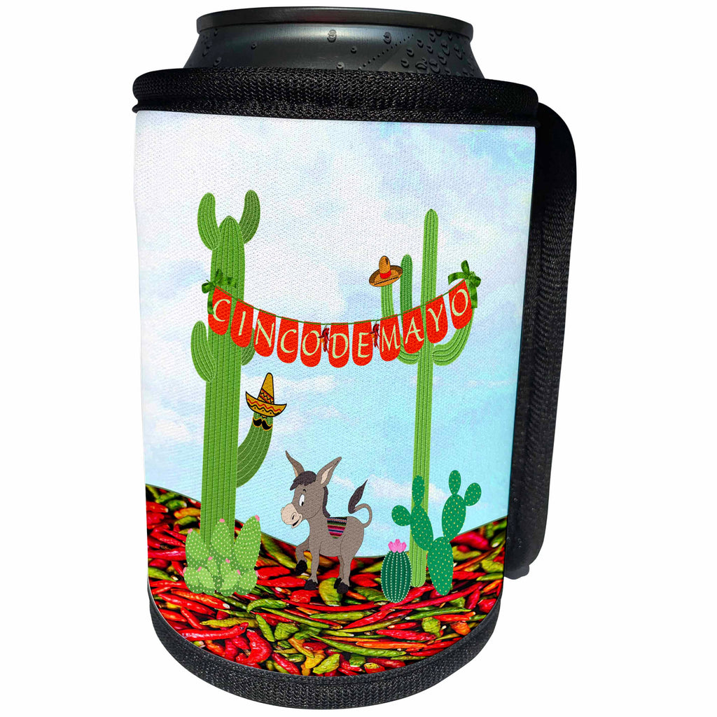 3dRose Beverly Turner Cinco De Mayo Design - Cinco De Mayo, Cactus, Sombreros, Cute Donkey, Chili Pepper Ground - Can Cooler Bottle Wrap (cc_282077)