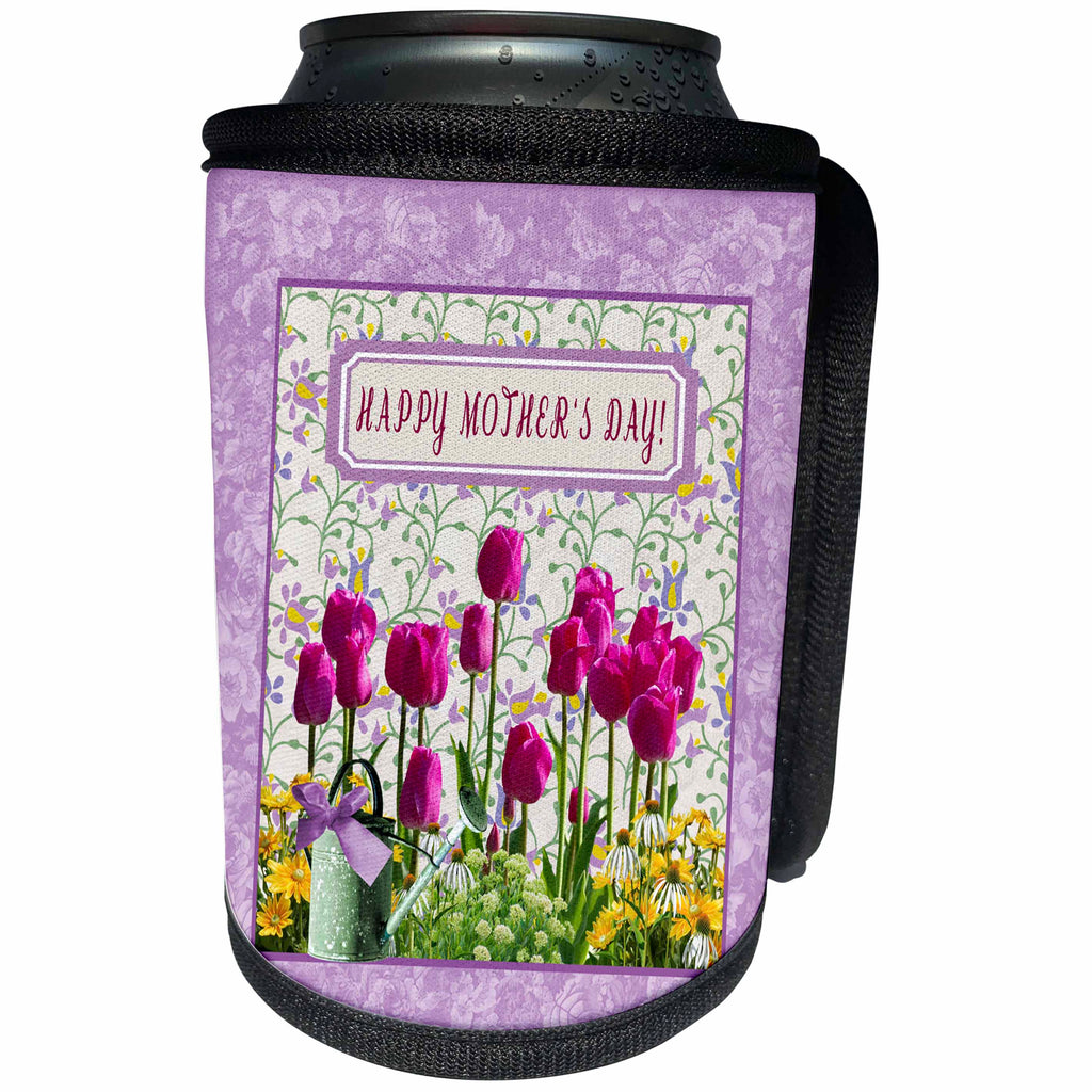 3dRose Beverly Turner Mothers Day Design - Mothers Day, Watering Can, Colorful Tulips, Cone Flowers, Sunflowers - Can Cooler Bottle Wrap (cc_282078)