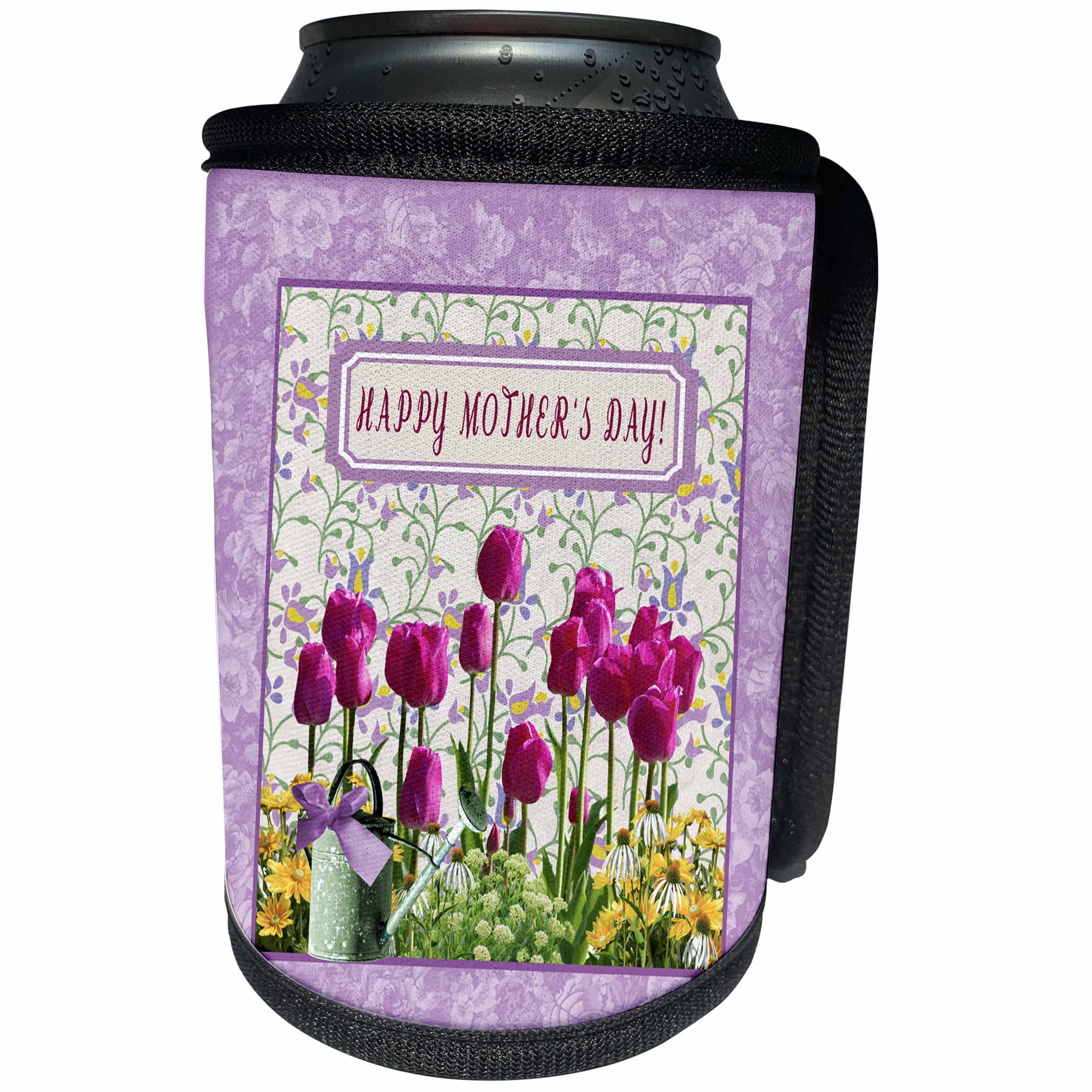 3dRose Beverly Turner Mothers Day Design - Mothers Day, Watering Can, Colorful Tulips, Cone Flowers, Sunflowers - Can Cooler Bottle Wrap (cc_282078)