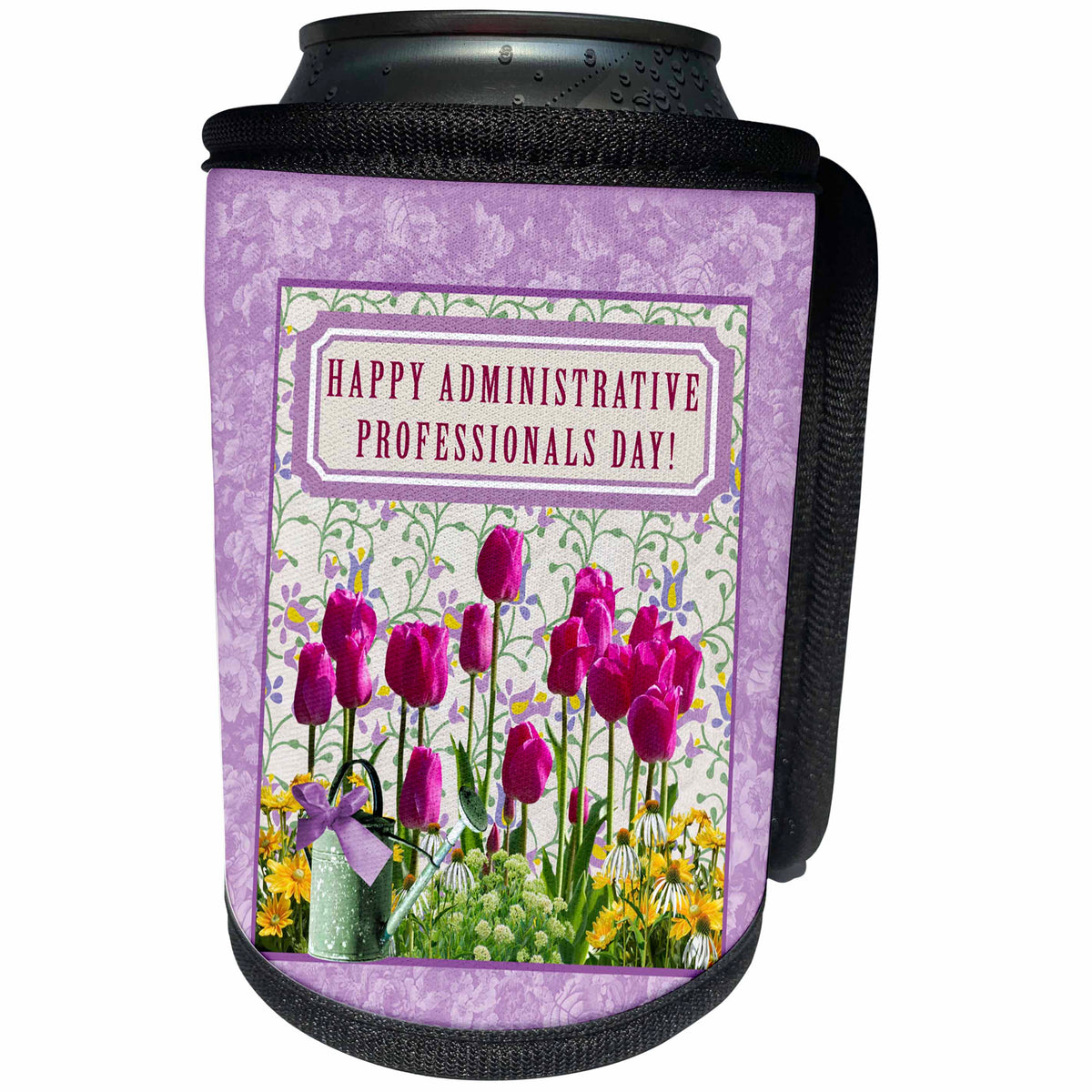 3dRose Beverly Turner Administrative Professionals Day - Administrative Professionals Day, Watering Can, Colorful Flowers - Can Cooler Bottle Wrap (cc_282079)