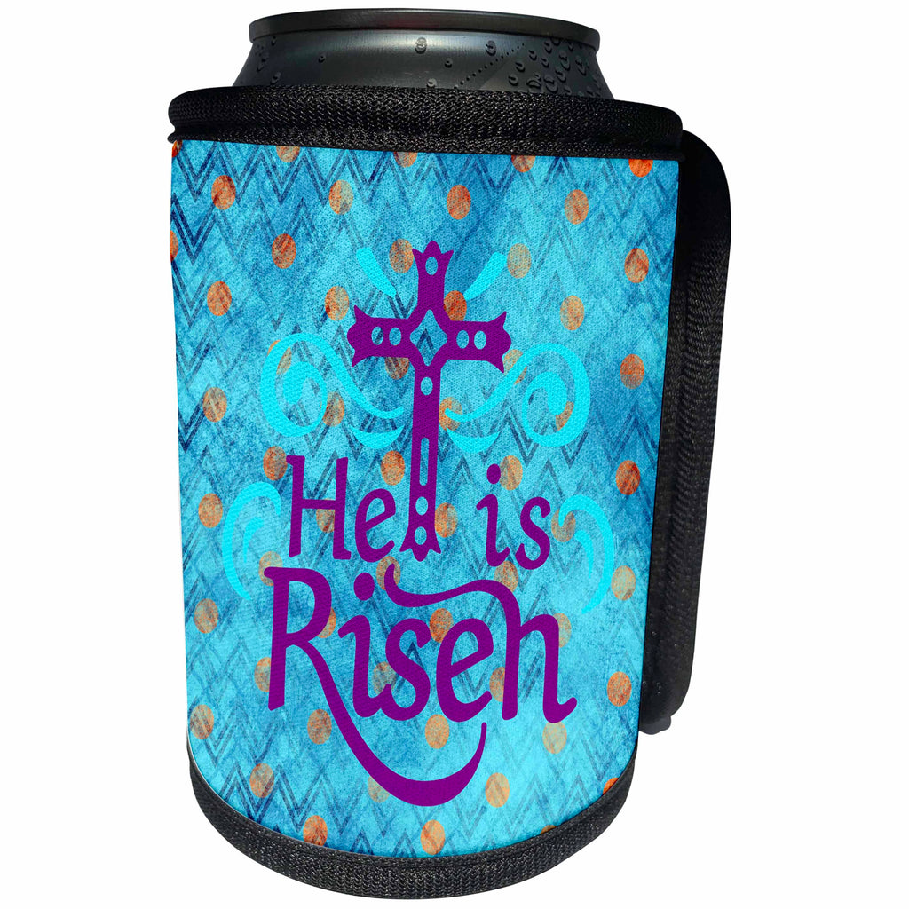 3dRose Beverly Turner Easter Design and Photography - He Has Risen, Abstract Cross, Chevron, Dot, Aqua, Purple, Orange - Can Cooler Bottle Wrap (cc_282086)