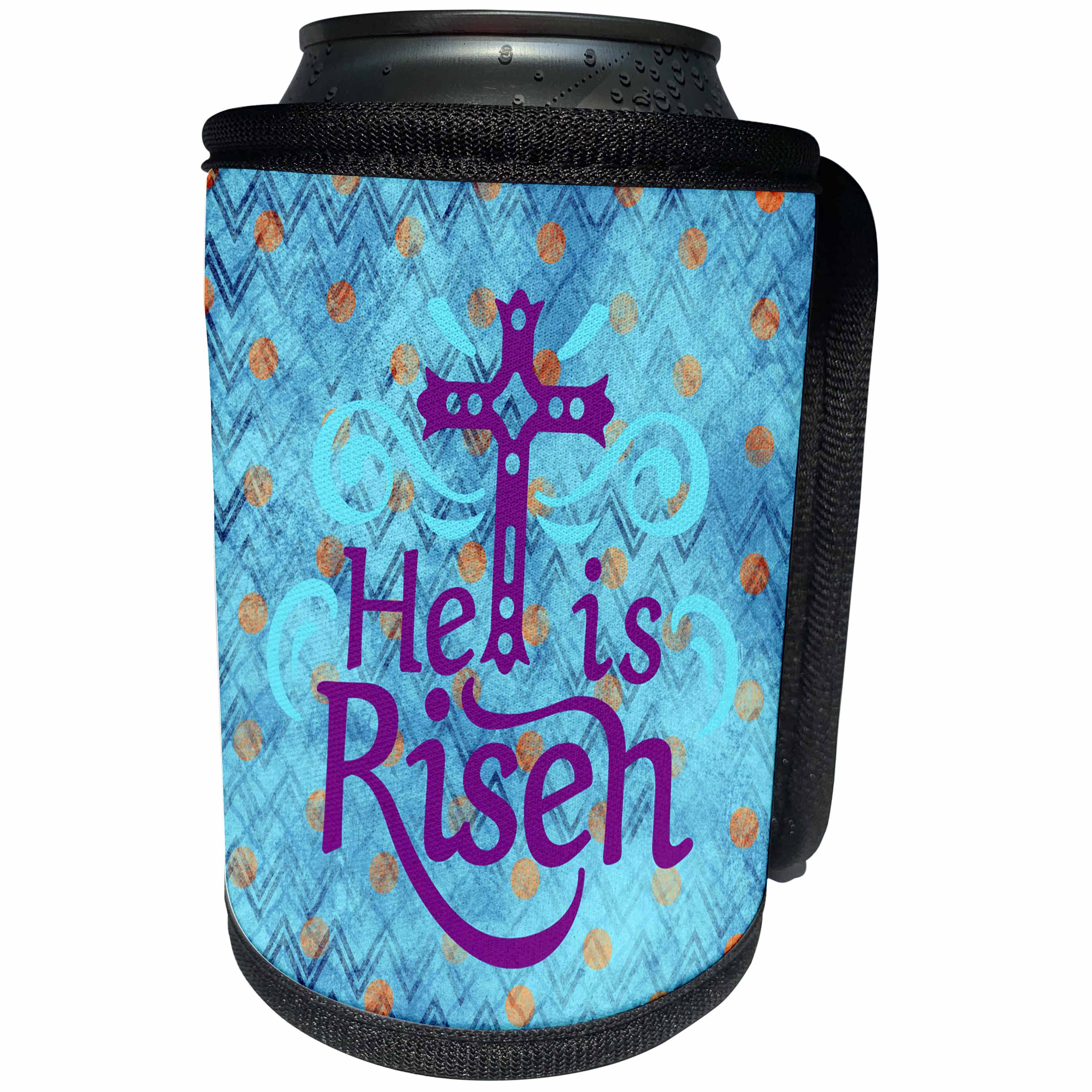 3dRose Beverly Turner Easter Design and Photography - He Has Risen, Abstract Cross, Chevron, Dot, Aqua, Purple, Orange - Can Cooler Bottle Wrap (cc_282086)