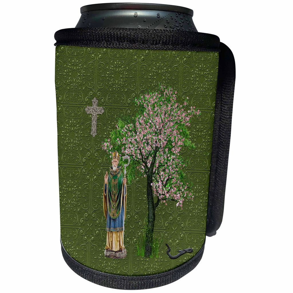 3dRose Beverly Turner St Patrick Day Design - Saint Patrick, Staff, Cross, Snake, Pink Blooming Tree, Green Damask - Can Cooler Bottle Wrap (cc_282092)