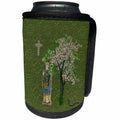 3dRose Beverly Turner St Patrick Day Design - Saint Patrick, Staff, Cross, Snake, Pink Blooming Tree, Green Damask - Can Cooler Bottle Wrap (cc_282092)