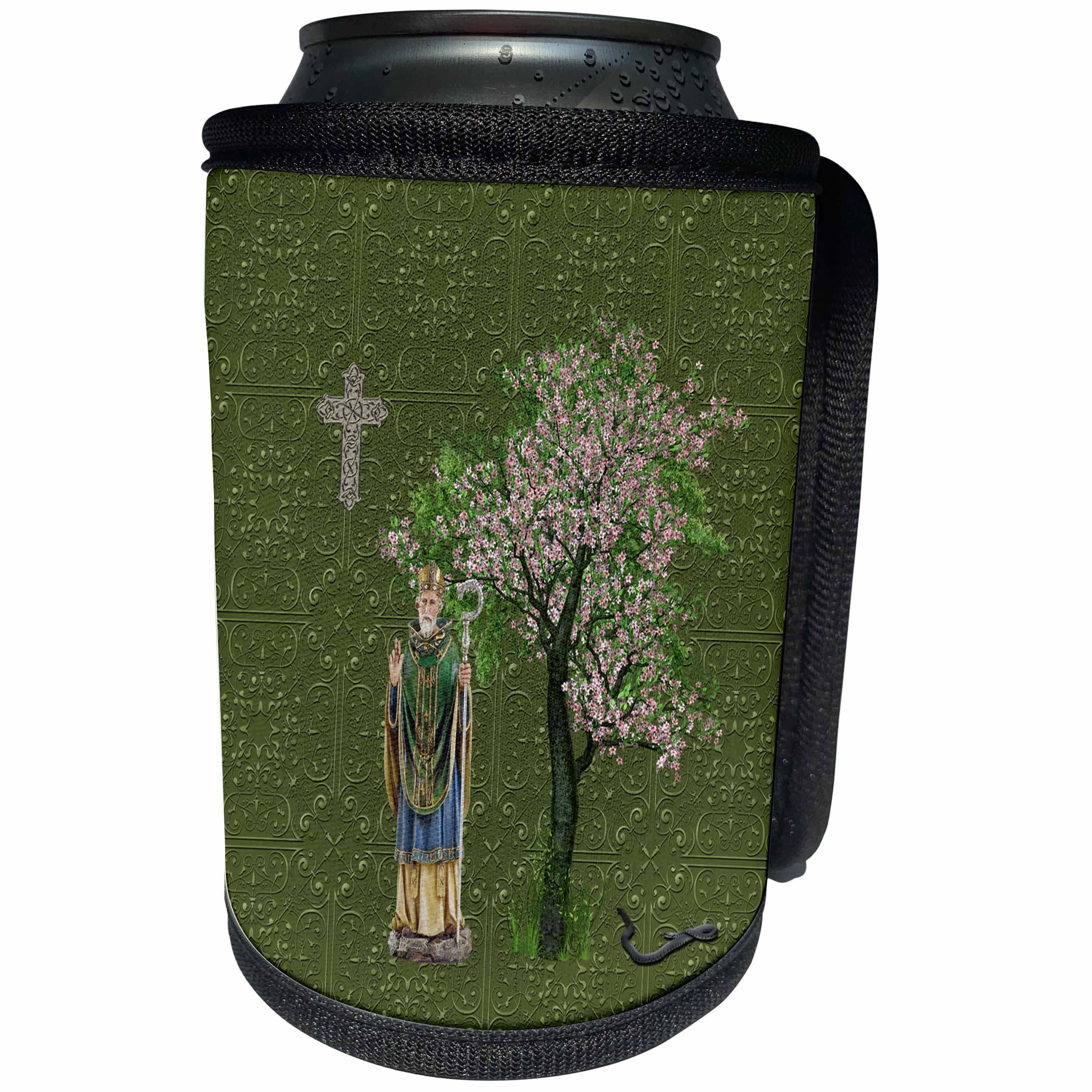 3dRose Beverly Turner St Patrick Day Design - Saint Patrick, Staff, Cross, Snake, Pink Blooming Tree, Green Damask - Can Cooler Bottle Wrap (cc_282092)