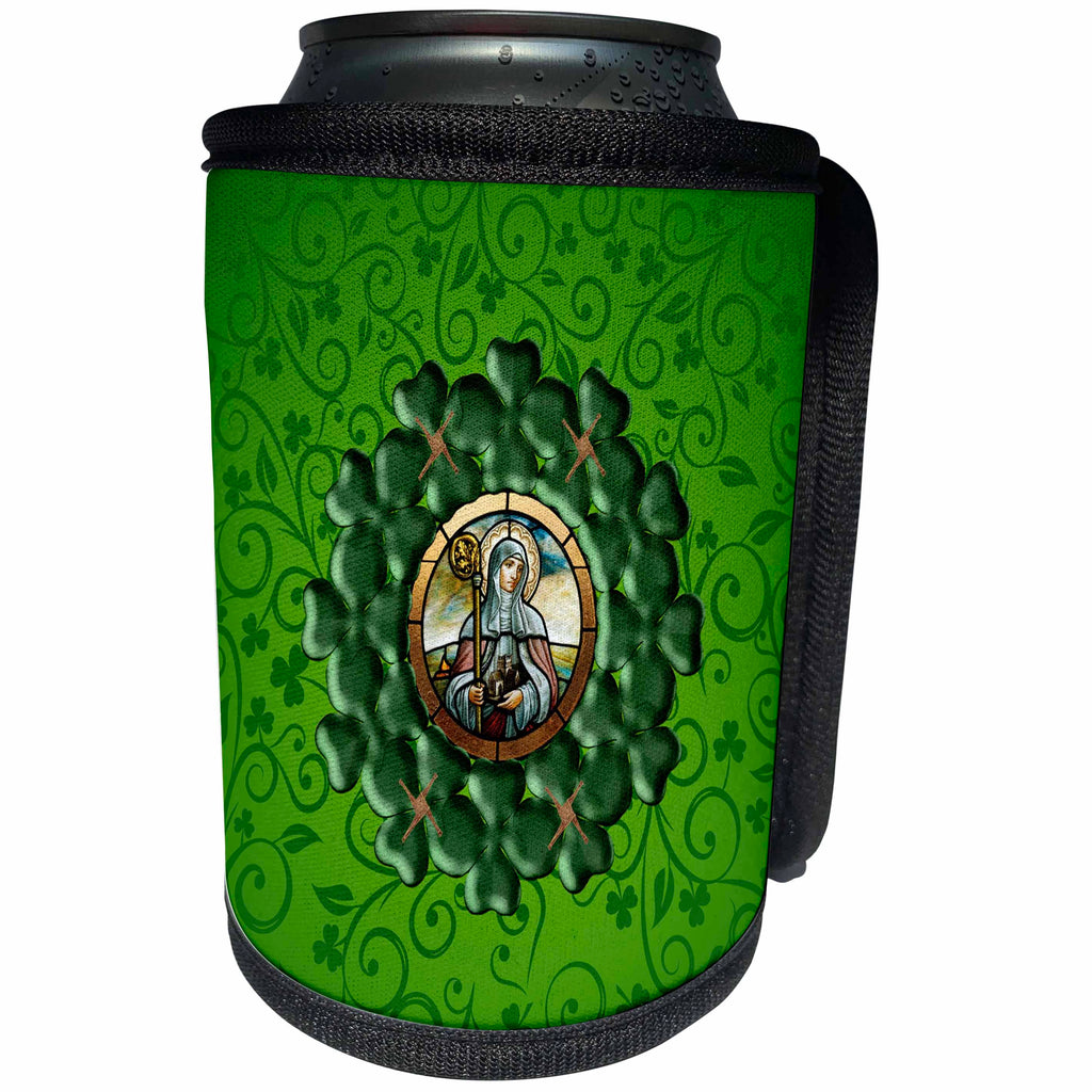 3dRose Beverly Turner St Patrick Day Design - Saint Brigid, Round Shamrock, Saint Brigid Cross Frame, Green, Brown - Can Cooler Bottle Wrap (cc_282093)