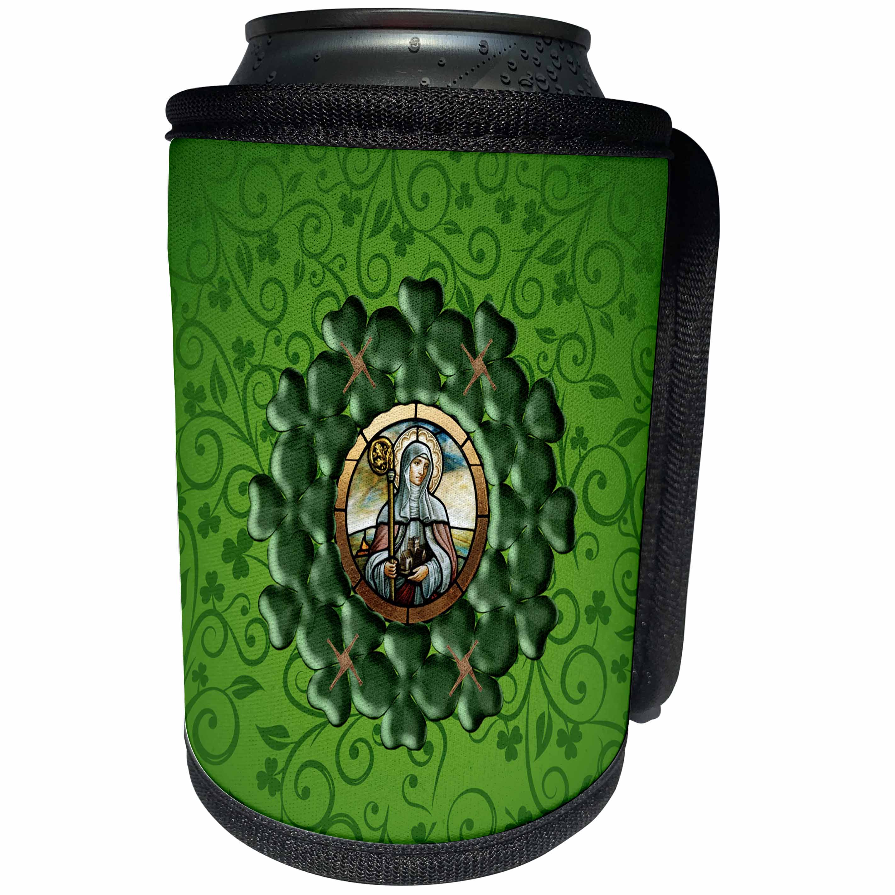 3dRose Beverly Turner St Patrick Day Design - Saint Brigid, Round Shamrock, Saint Brigid Cross Frame, Green, Brown - Can Cooler Bottle Wrap (cc_282093)