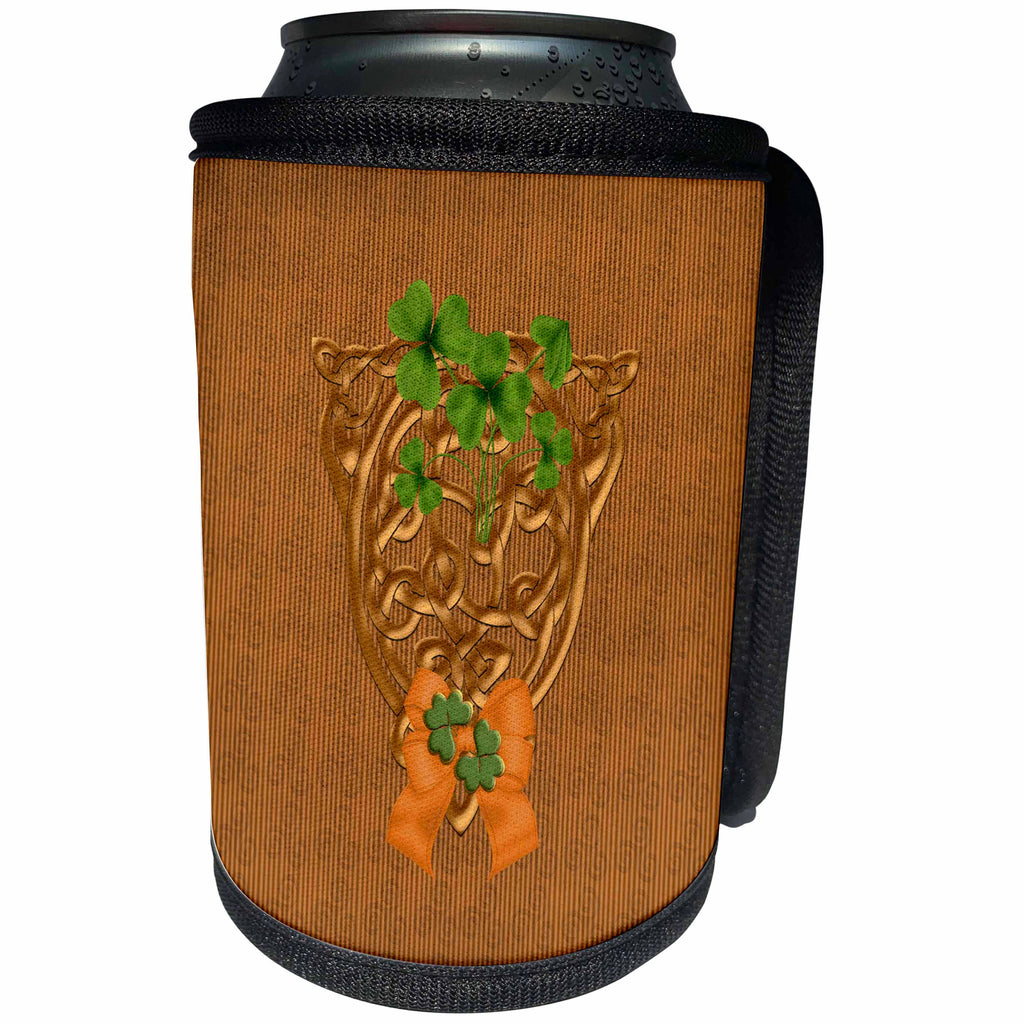 3dRose Beverly Turner St Patrick Day Design - Gold Celtic Design with Green Shamrocks, Orange Bow - Can Cooler Bottle Wrap (cc_282094)