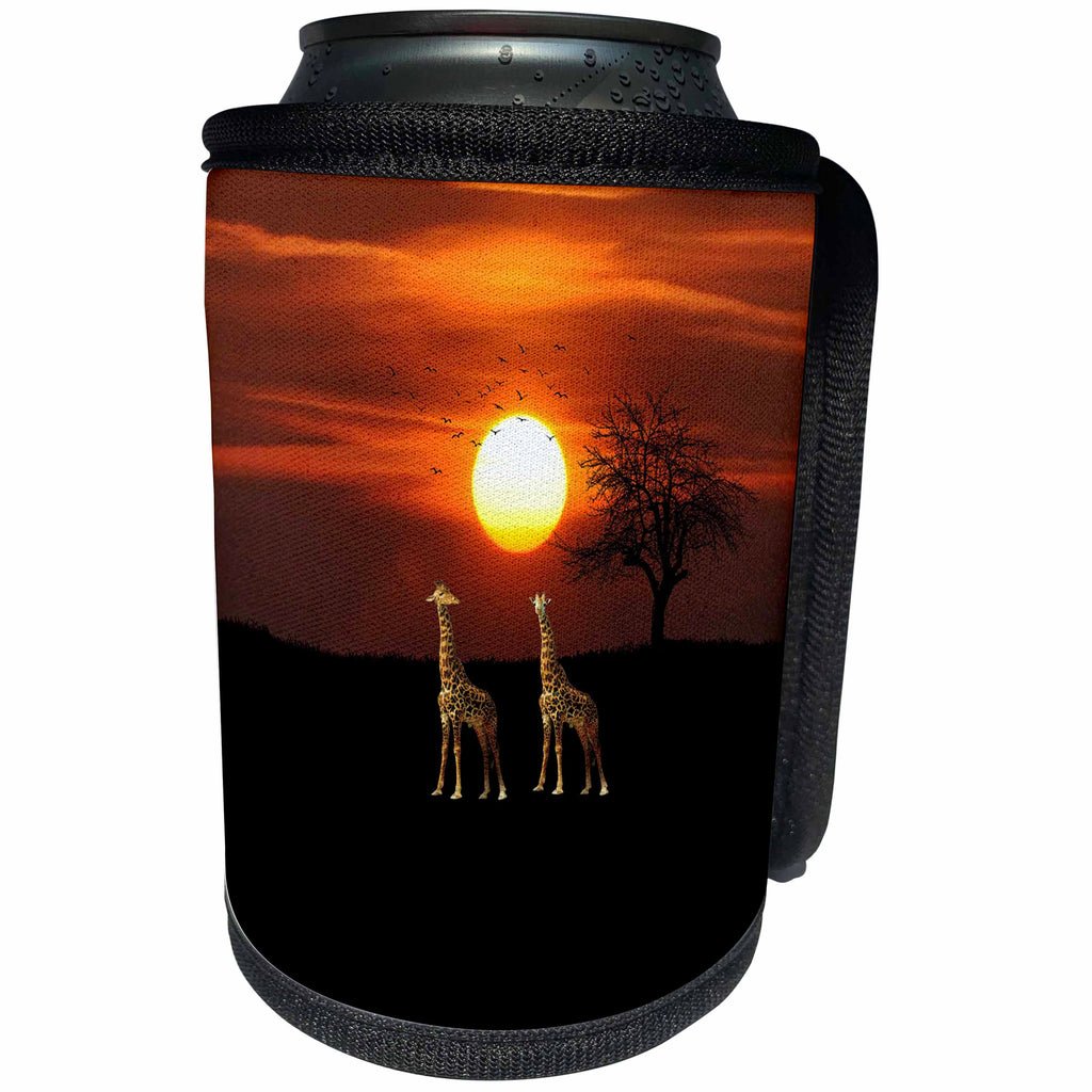 3dRose Beverly Turner Animal Design - Giraffe Couple Enjoying the Sunset, Birds Flying in the Background - Can Cooler Bottle Wrap (cc_282095)