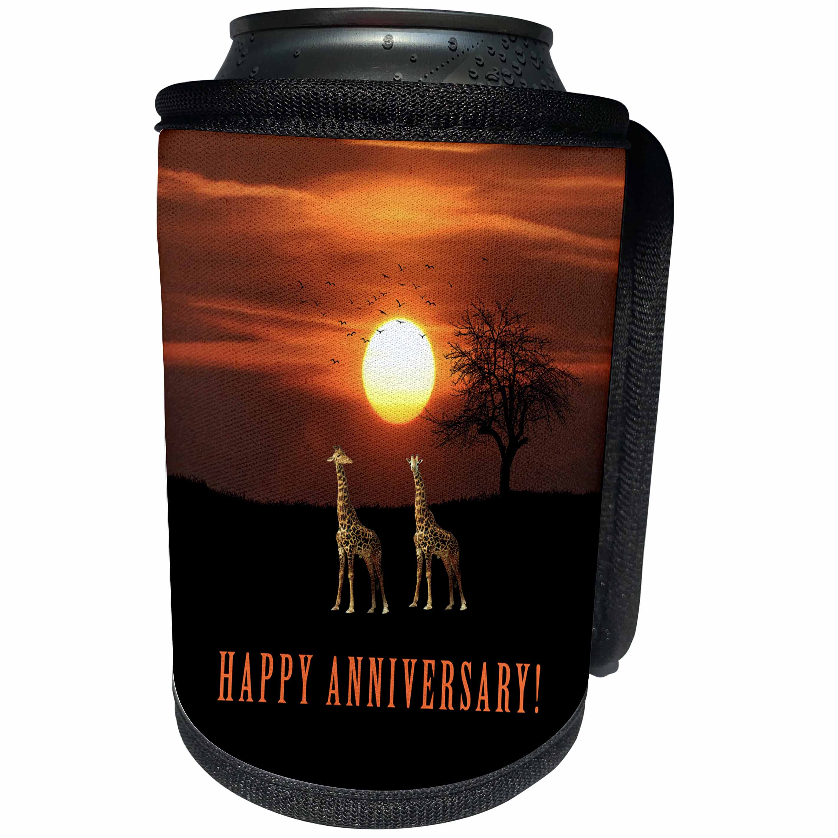 3dRose Beverly Turner Anniversary Photography and Design - Anniversary, Giraffe Couple Enjoying the Sunset, Birds Flying - Can Cooler Bottle Wrap (cc_282096)
