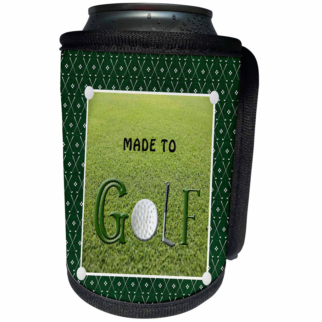 3dRose Beverly Turner Sports Design - Made to Golf, Golf Ball is the O, Golf Club is the L, Grass Background - Can Cooler Bottle Wrap (cc_282124)
