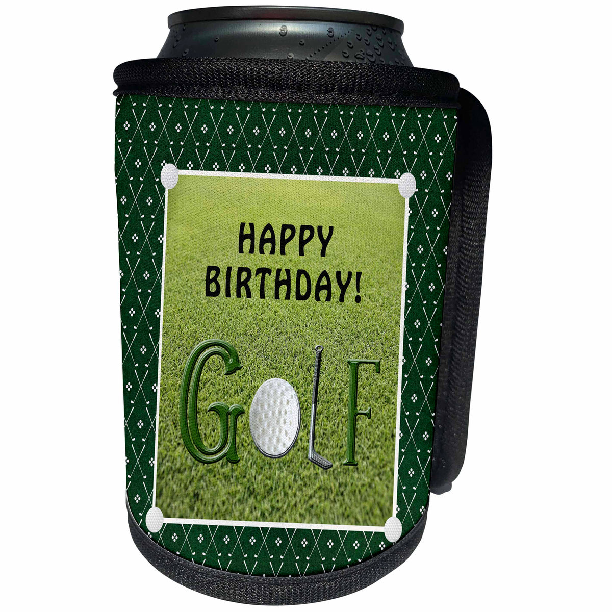 3dRose Beverly Turner Birthday Design - Birthday, Golf Ball is the O, Golf Club is the L, Grass Background - Can Cooler Bottle Wrap (cc_282125)