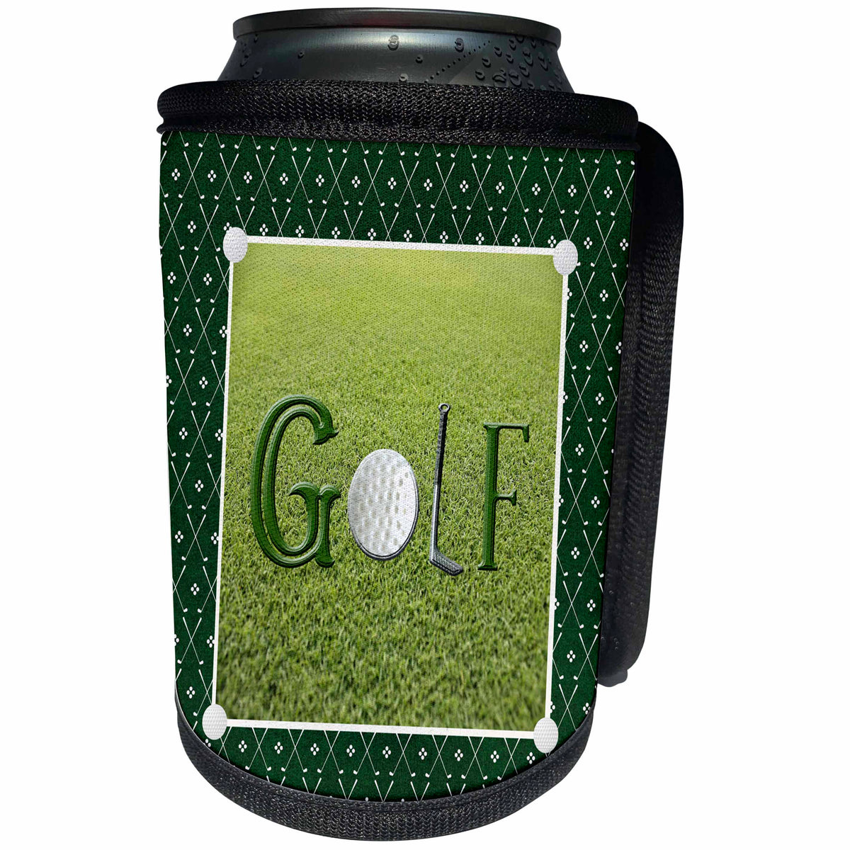 3dRose Beverly Turner Sports Design - Golf Ball is the O, Golf Club is the L, Grass Background Ball Frame - Can Cooler Bottle Wrap (cc_282127)