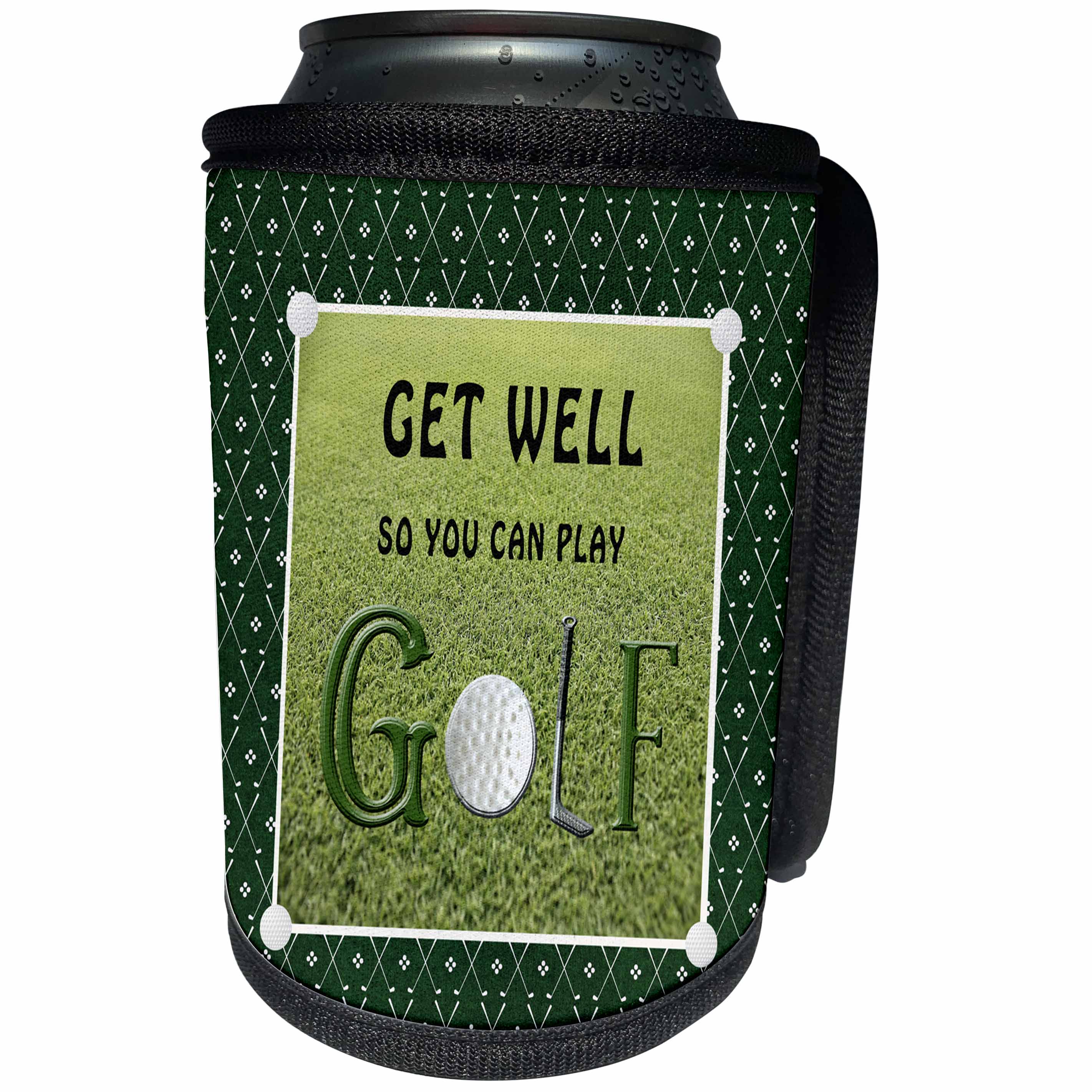 3dRose Beverly Turner Get Well Design - Get Well So You Can Play, Golf Ball is the O, Golf Club is the L - Can Cooler Bottle Wrap (cc_282128)
