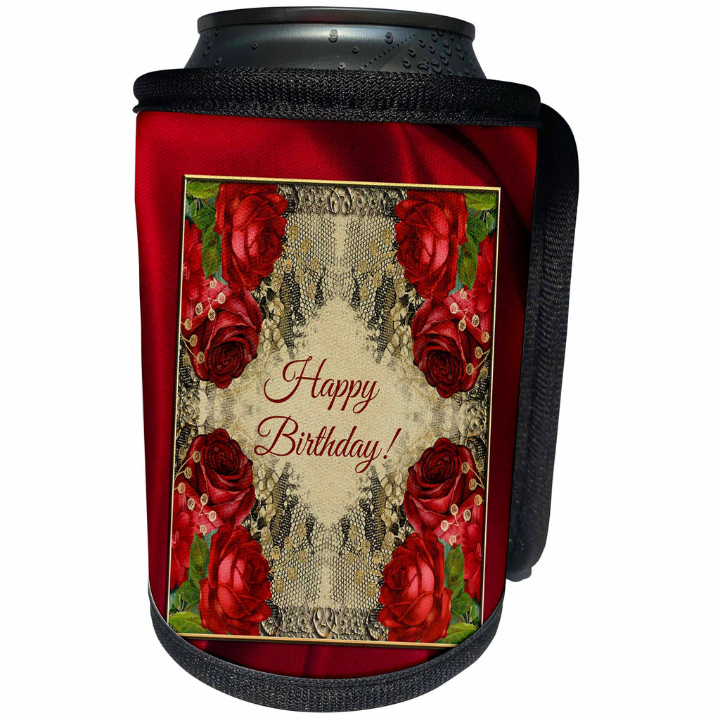3dRose Beverly Turner Birthday Design - Happy Birthday, Red Roses and Gold Lace Frame - Can Cooler Bottle Wrap (cc_282135)
