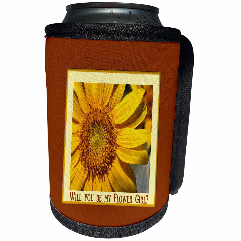 3dRose Beverly Turner Wedding Bridal Party Design - Flower Girl, Close up of Sunflower, Framed, Yellow, Brown, and Orange - Can Cooler Bottle Wrap (cc_282221)