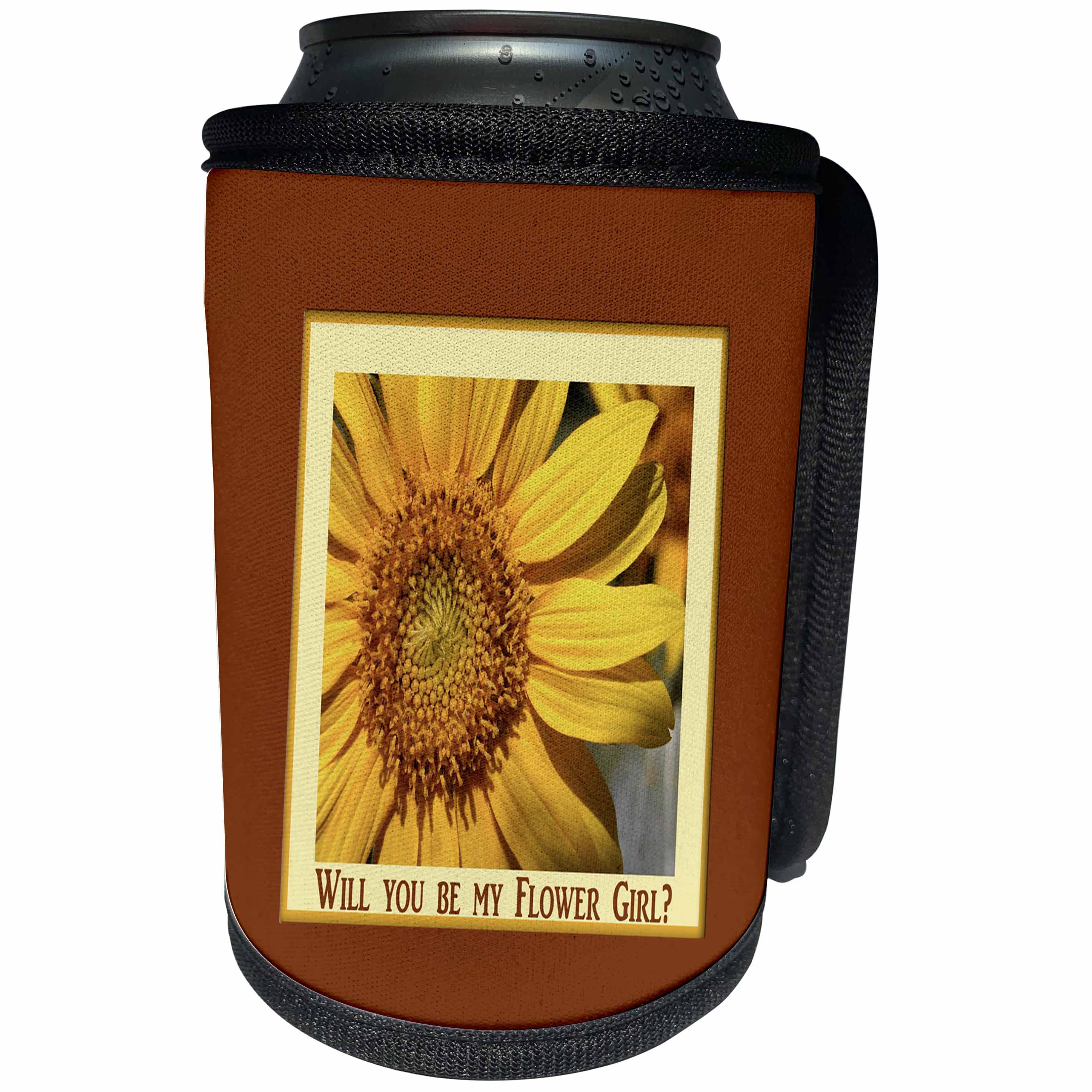 3dRose Beverly Turner Wedding Bridal Party Design - Flower Girl, Close up of Sunflower, Framed, Yellow, Brown, and Orange - Can Cooler Bottle Wrap (cc_282221)