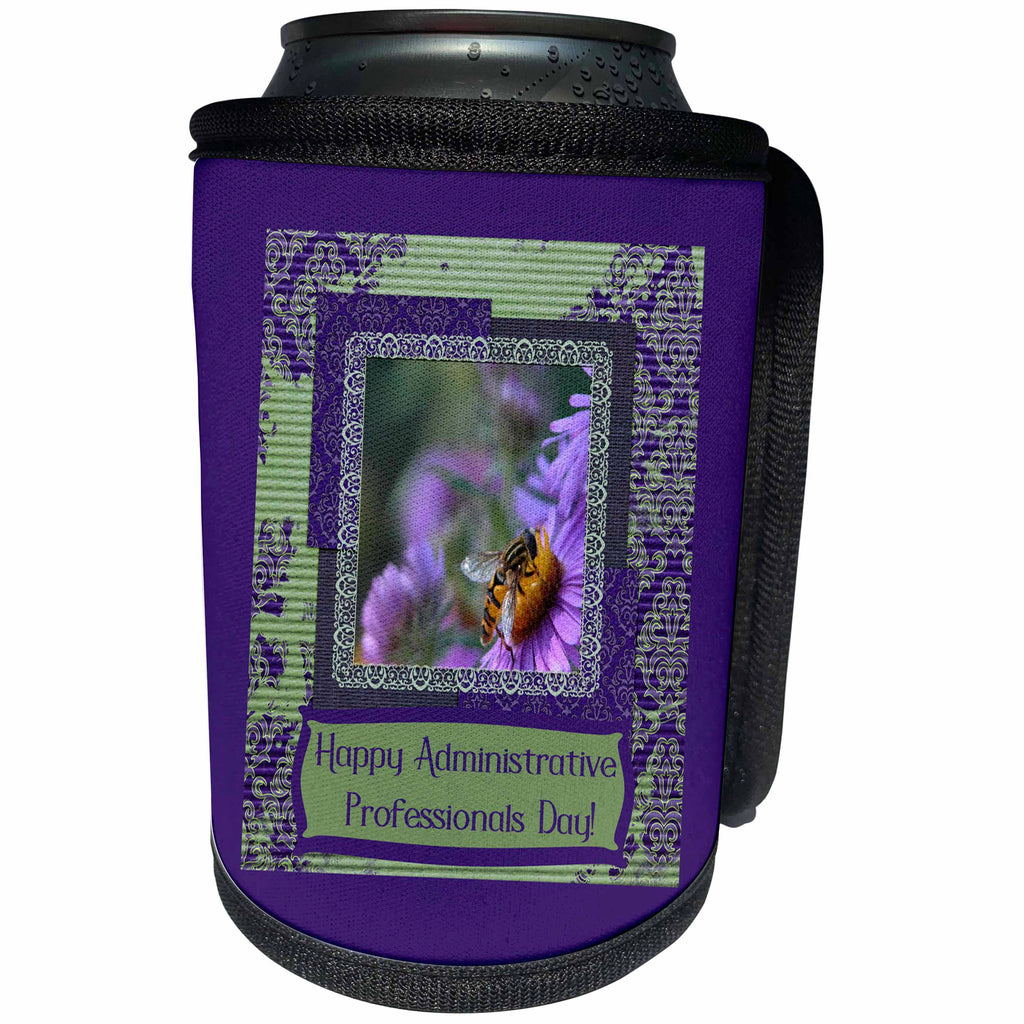 3dRose Beverly Turner Administrative Professionals Day - Bee, English Aster, Administrative Professionals Day, Damask Frame - Can Cooler Bottle Wrap (cc_282229)