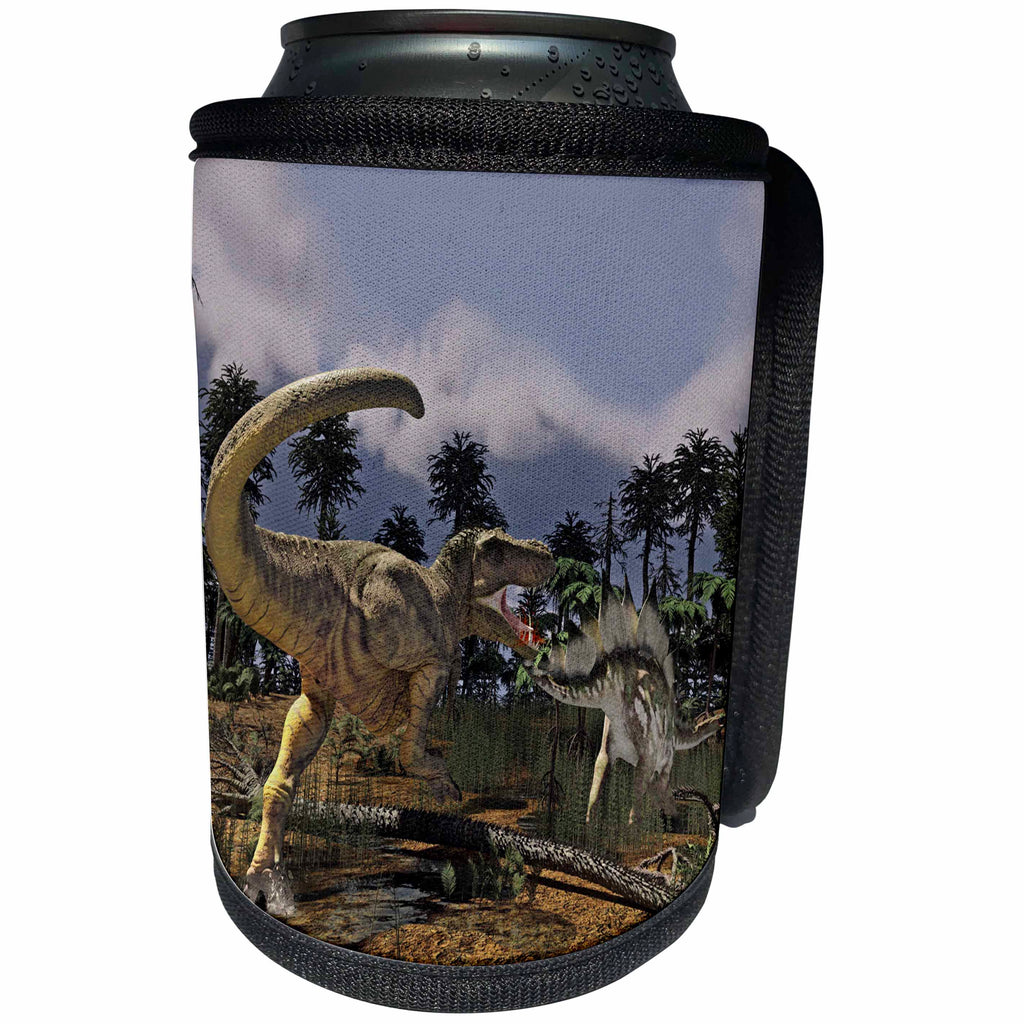 3dRose Boehm Graphics Dinosaur - Tyrannosaurus Rex in Battle with a Stegosaurus - Can Cooler Bottle Wrap (cc_282259)