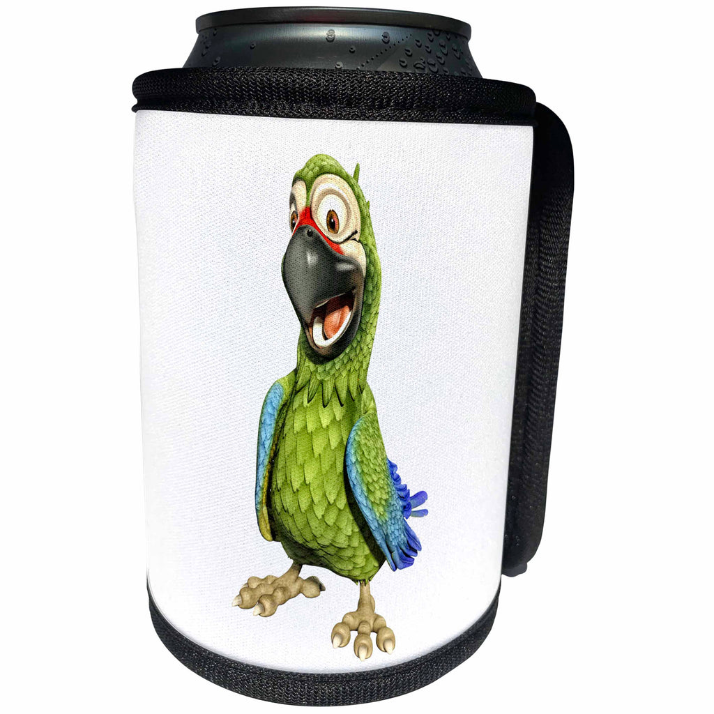 3dRose Boehm Graphics Cartoon - Military Green Cartoon Parrot with Happy Pose - Can Cooler Bottle Wrap (cc_282367)