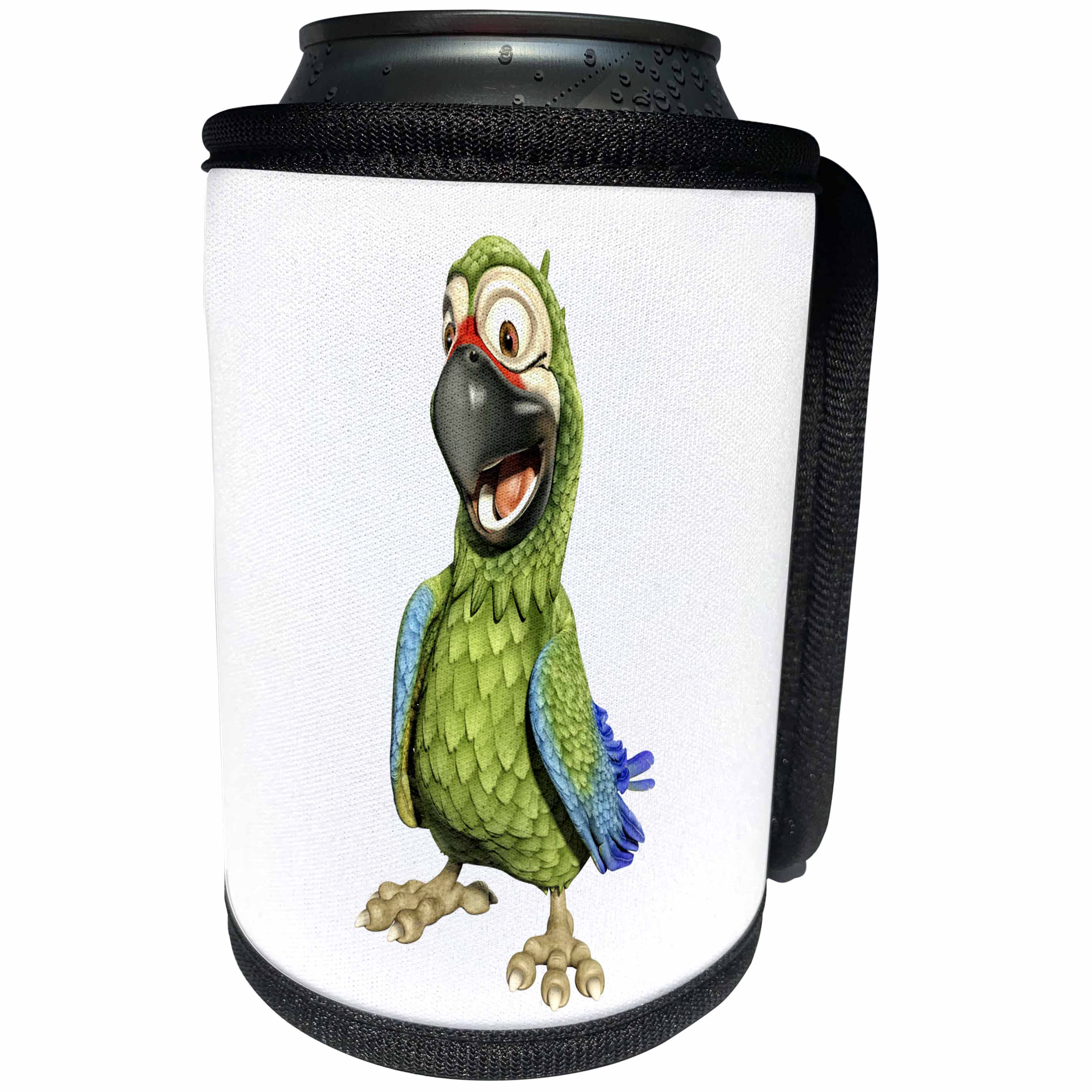3dRose Boehm Graphics Cartoon - Military Green Cartoon Parrot with Happy Pose - Can Cooler Bottle Wrap (cc_282367)