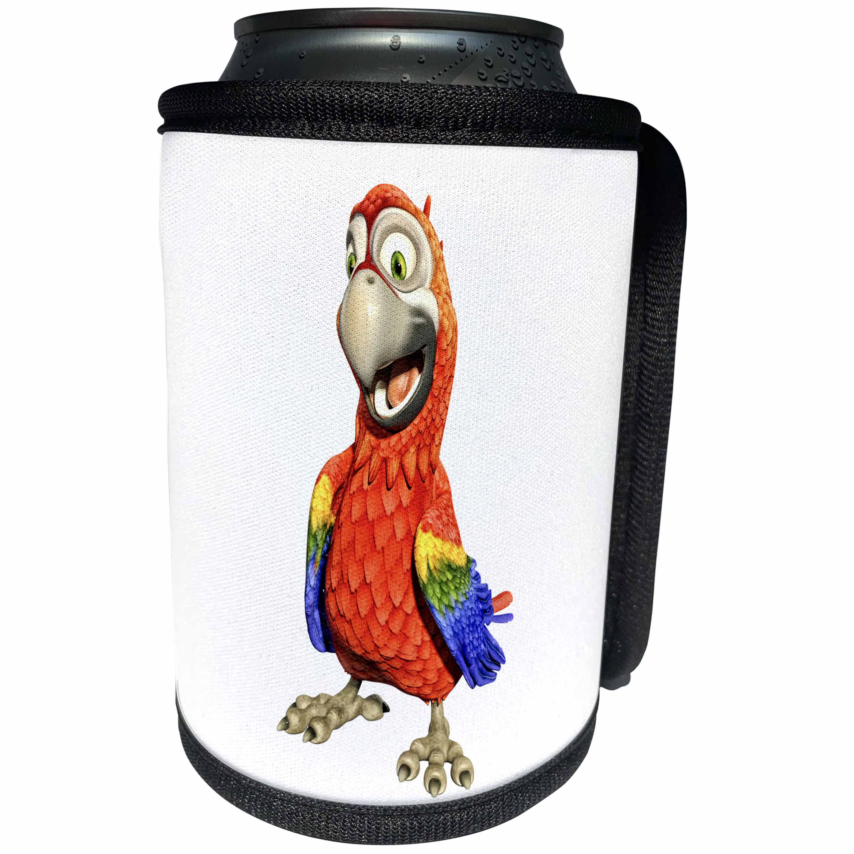 3dRose Boehm Graphics Cartoon - Scarlet Macaw Cartoon Parrot with Happy Pose - Can Cooler Bottle Wrap (cc_282368)