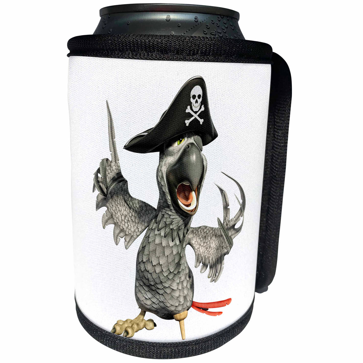 3dRose Boehm Graphics Cartoon - African Grey Cartoon Parrot Pirate Captain - Can Cooler Bottle Wrap (cc_282377)