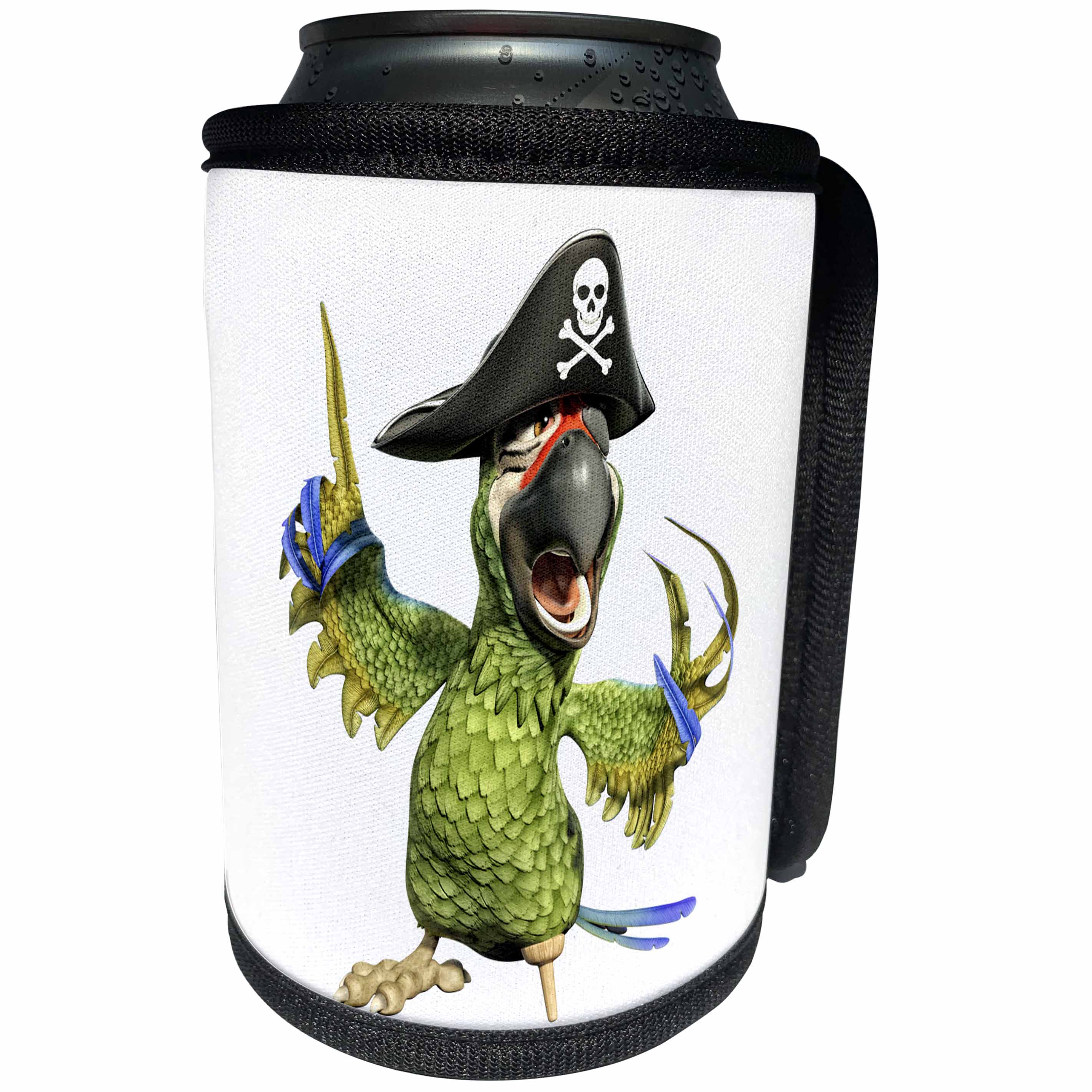 3dRose Boehm Graphics Cartoon - Military Green Cartoon Parrot Pirate Captain - Can Cooler Bottle Wrap (cc_282379)