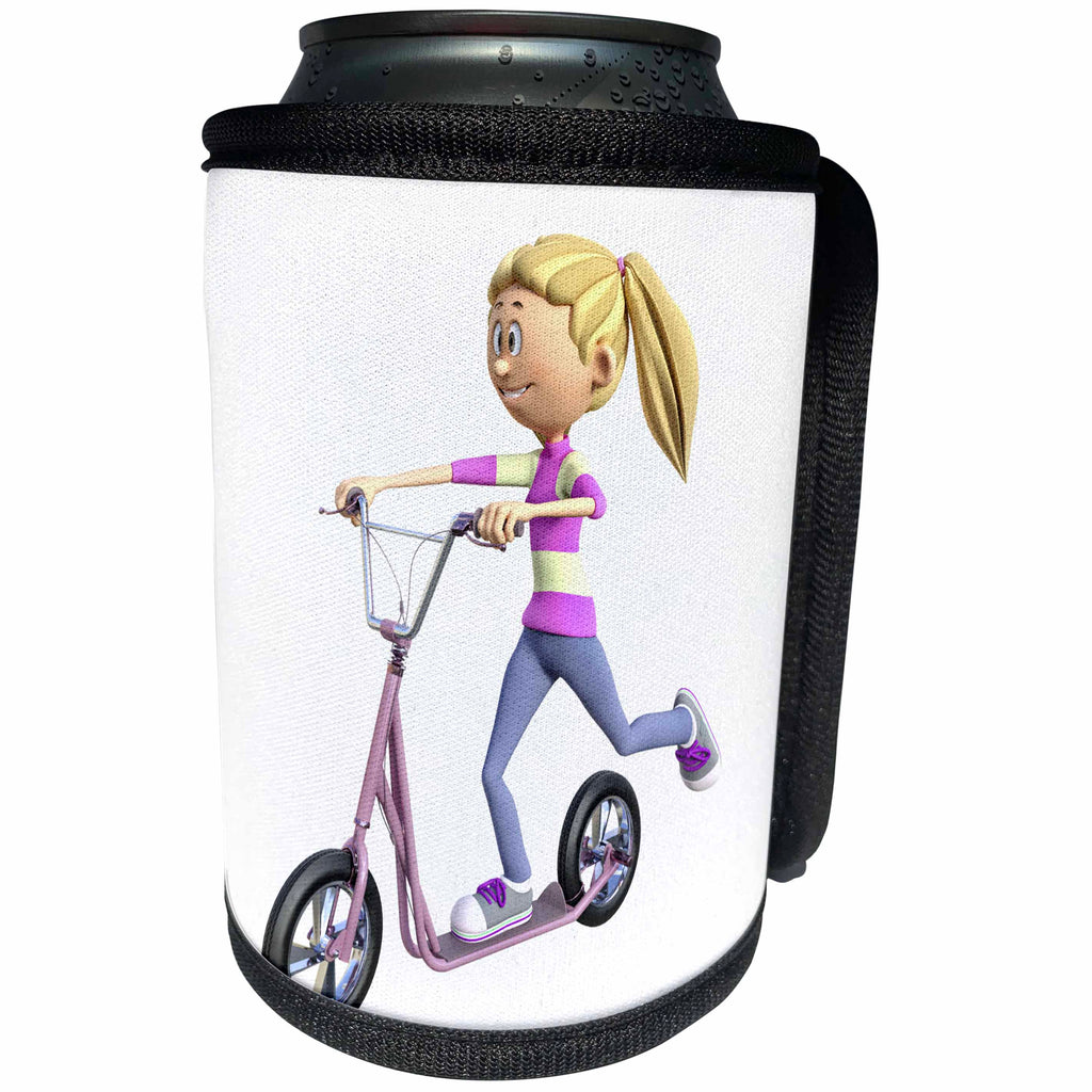 3dRose Boehm Graphics Cartoon - Cartoon Girl Riding a Scooter - Can Cooler Bottle Wrap (cc_282391)