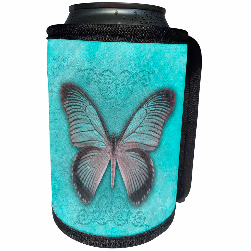 3dRose Andrea Haase Animals Illustration - Turquoise Butterfly Mixed Media Art Illustration - Can Cooler Bottle Wrap (cc_282440)