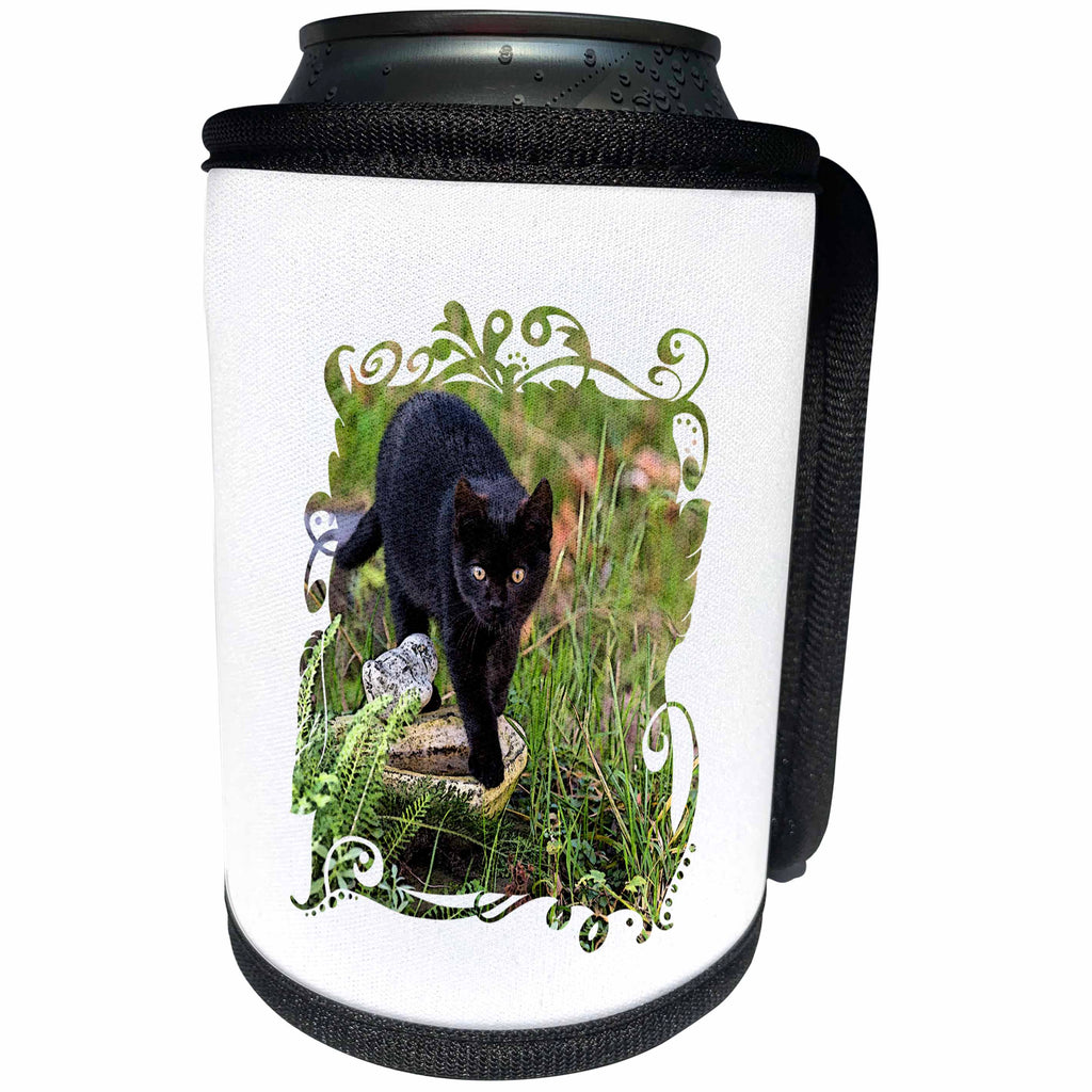 3dRose Andrea Haase Animals Illustration - Black Cat Mixed Media Art - Can Cooler Bottle Wrap (cc_282459)