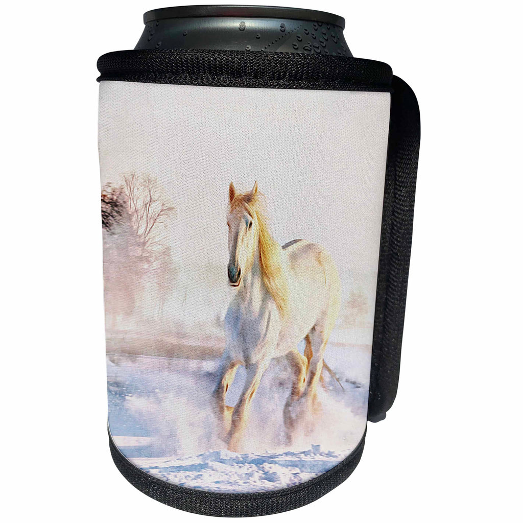 3dRose Andrea Haase Animals Illustration - White Horse In Winter Landscape Illustration - Can Cooler Bottle Wrap (cc_282461)