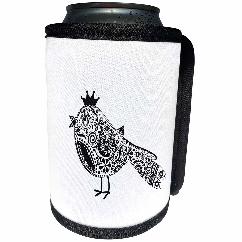 3dRose Andrea Haase Animals Illustration - Cute Black And White Doodle Pattern Bird With Crown - Can Cooler Bottle Wrap (cc_282471)