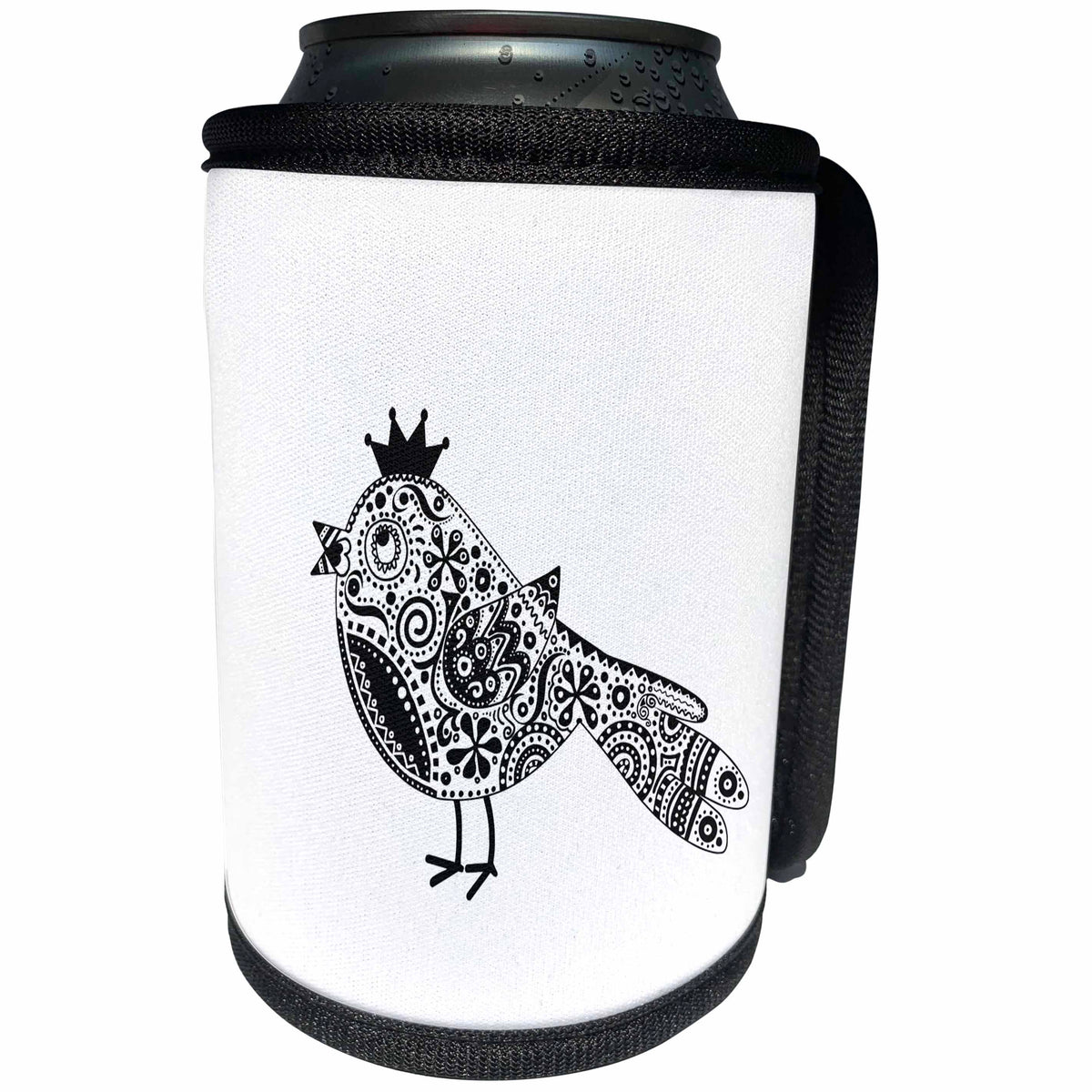 3dRose Andrea Haase Animals Illustration - Cute Black And White Doodle Pattern Bird With Crown - Can Cooler Bottle Wrap (cc_282471)